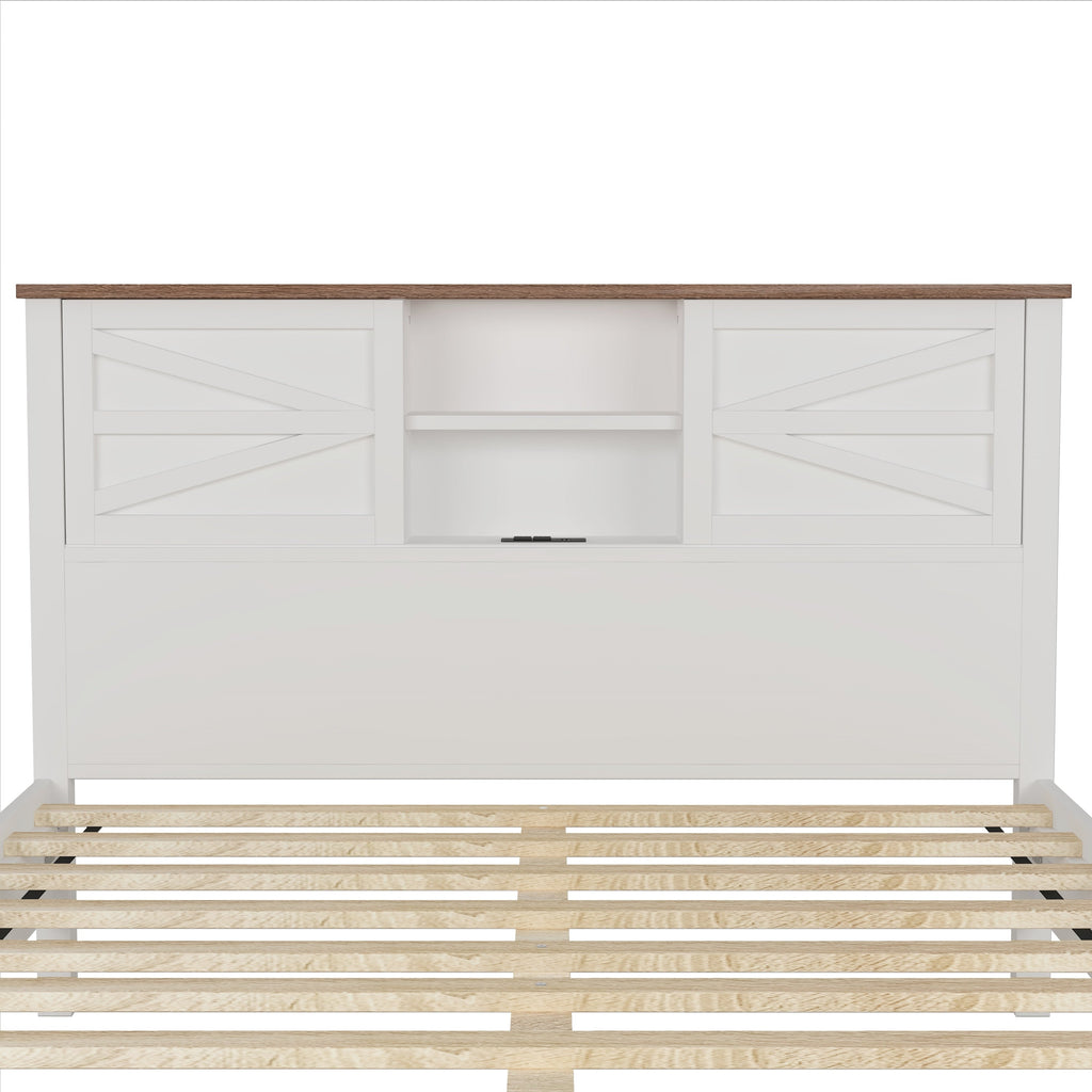 3-Pieces Bedroom Sets Queen Size  Farmhouse Platform Bed with Double Sliding Door Storage Headboard, Storage Nightstand and Dresser, White+Brown(Old SKU HL000092AAK)