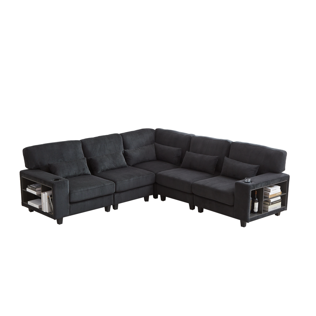 102.75*102.75' L-Shaped Modular Sectional Sofa, Modern Corduroy Sectional Sofa, Arm with Storage With Cup Holder 5-Seat Convertible Sectional Sofa for Living Room, Bedroom, Lounge and Projection Room