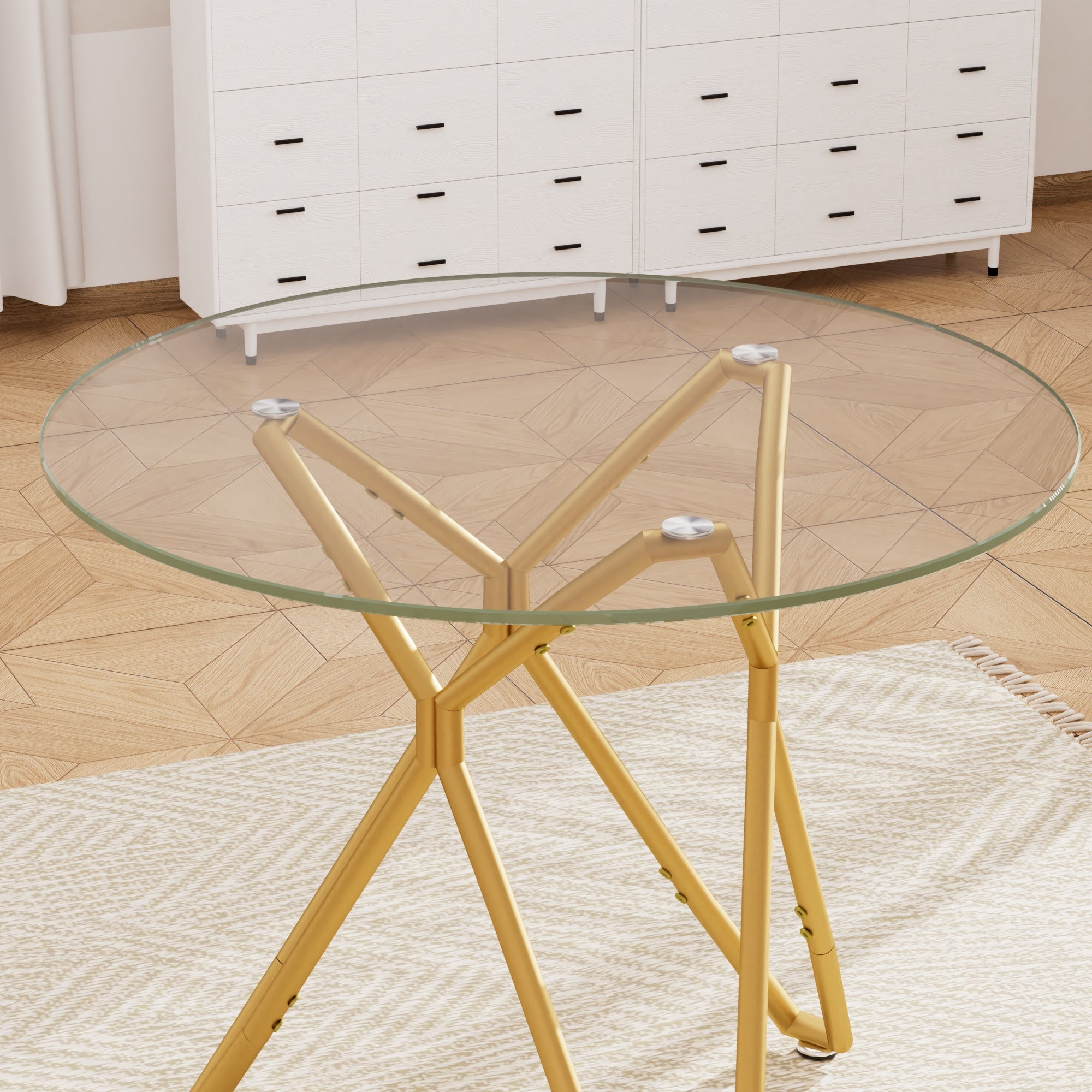 Modern Round Tempered Glass Dining Table with Sturdy Metal Legs for 1-4 People, Gold, 35.4 Inches
