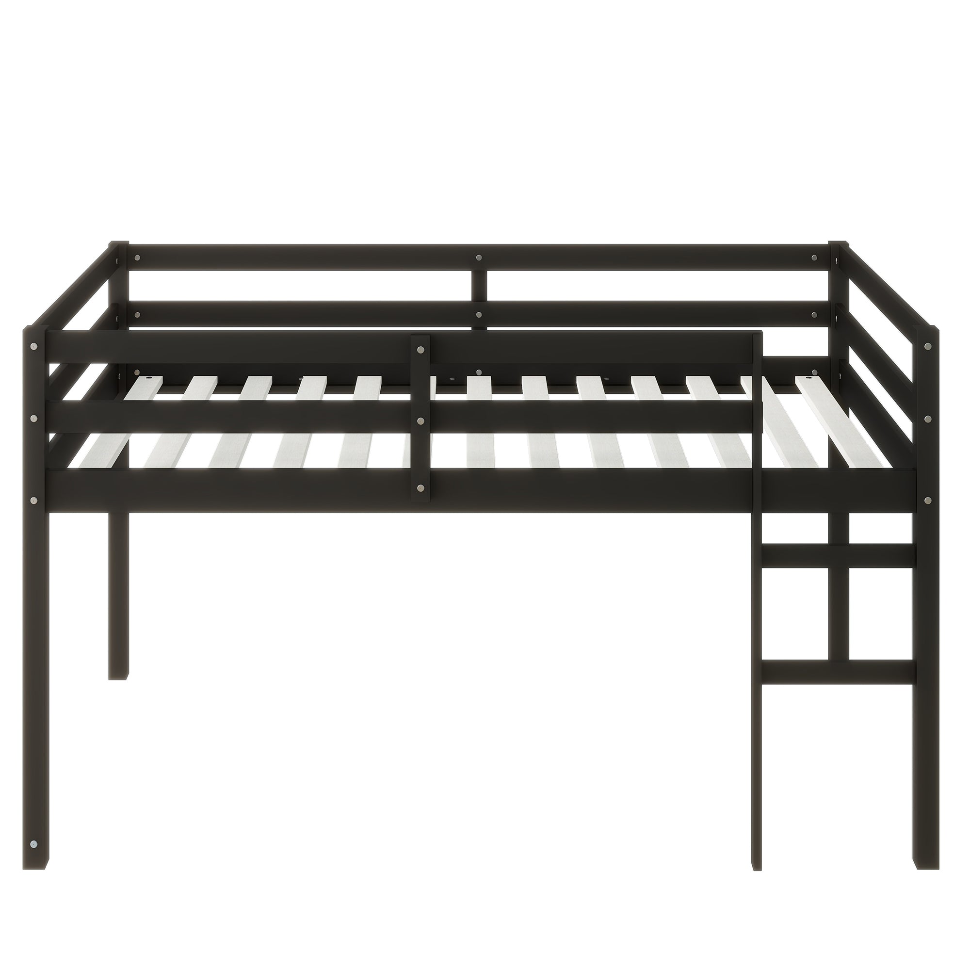 Solid Wooden, Rubber Wooden Twin Loft Bed with Ladder, Bed Platform of Strengthened Slats , Black