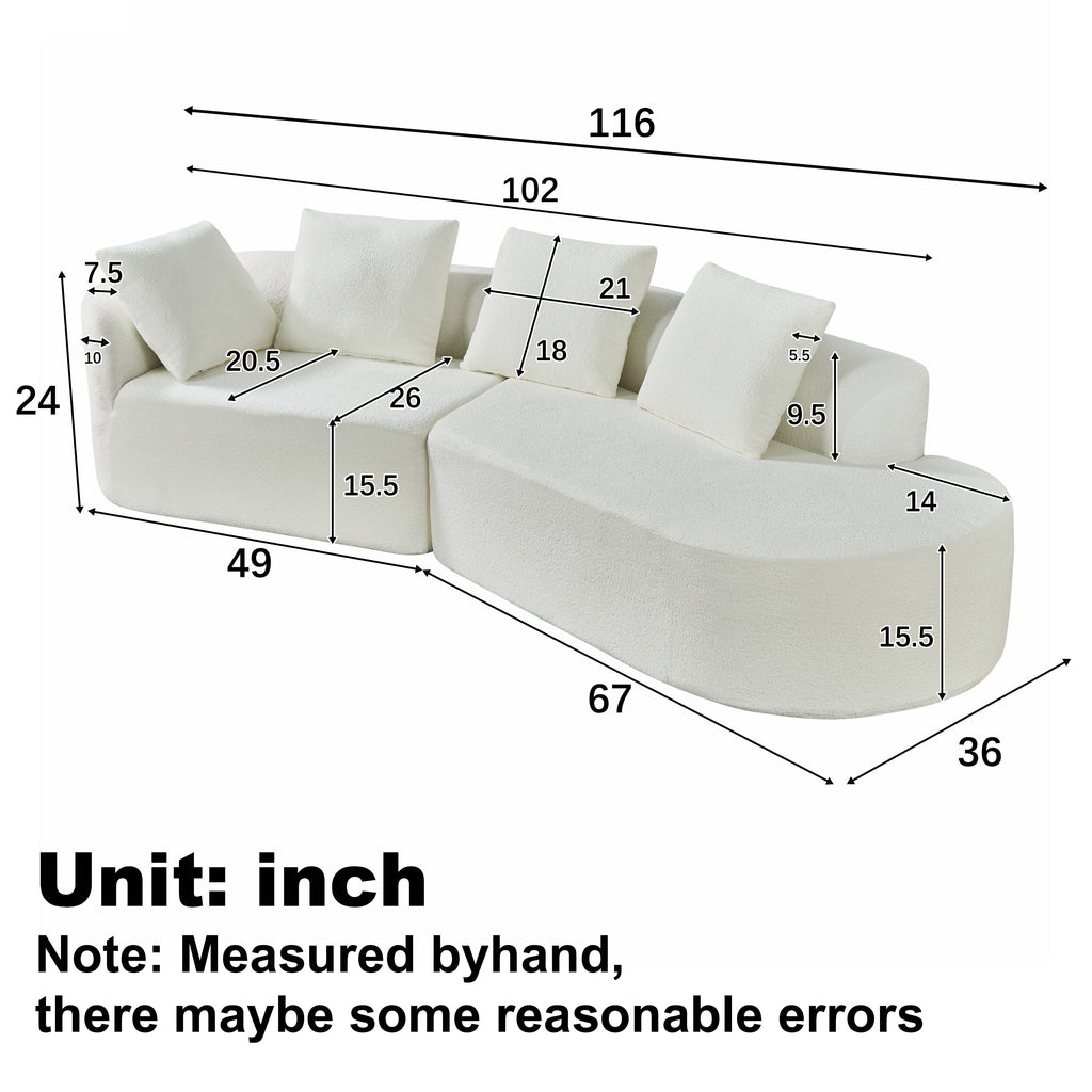 116' Modern Curved Sectional Sofa with High-Density Fully Compressed Sponge and Chaise Lounge, Pearl Upholstery, 2-Piece Set, Fully Assembled Right Hand Facing, Perfect for Living Room, Lounge