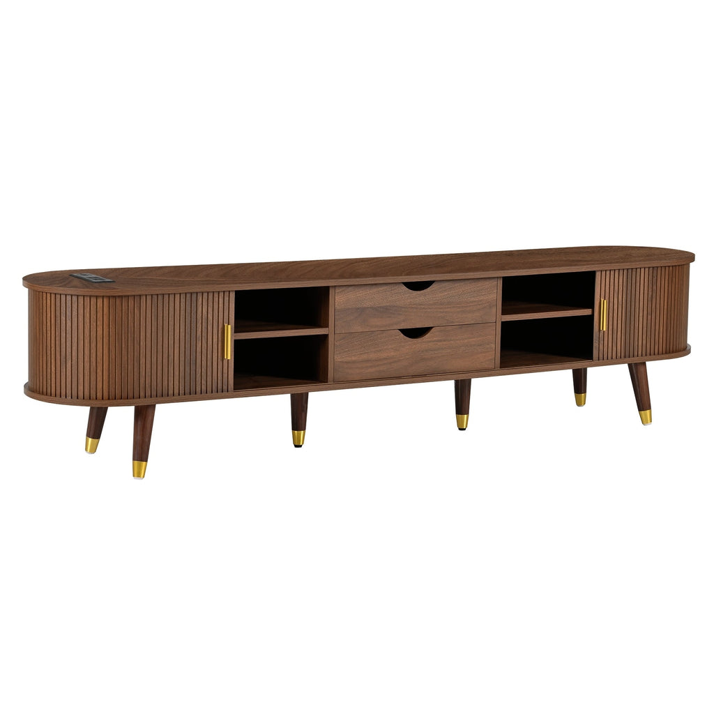 Wooden Oval Fluted TV Stand with Charging Station for TV up to 80', Mid-Century Media Console with Sliding Tambour Door, Farmhouse TV Cabinet with Golden Handle for Living Room, Walnut