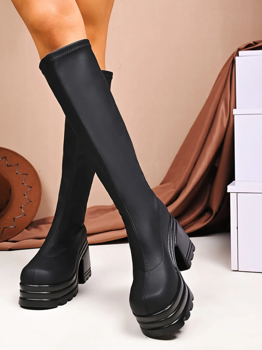 Square Toe Platform Block Heels Boots