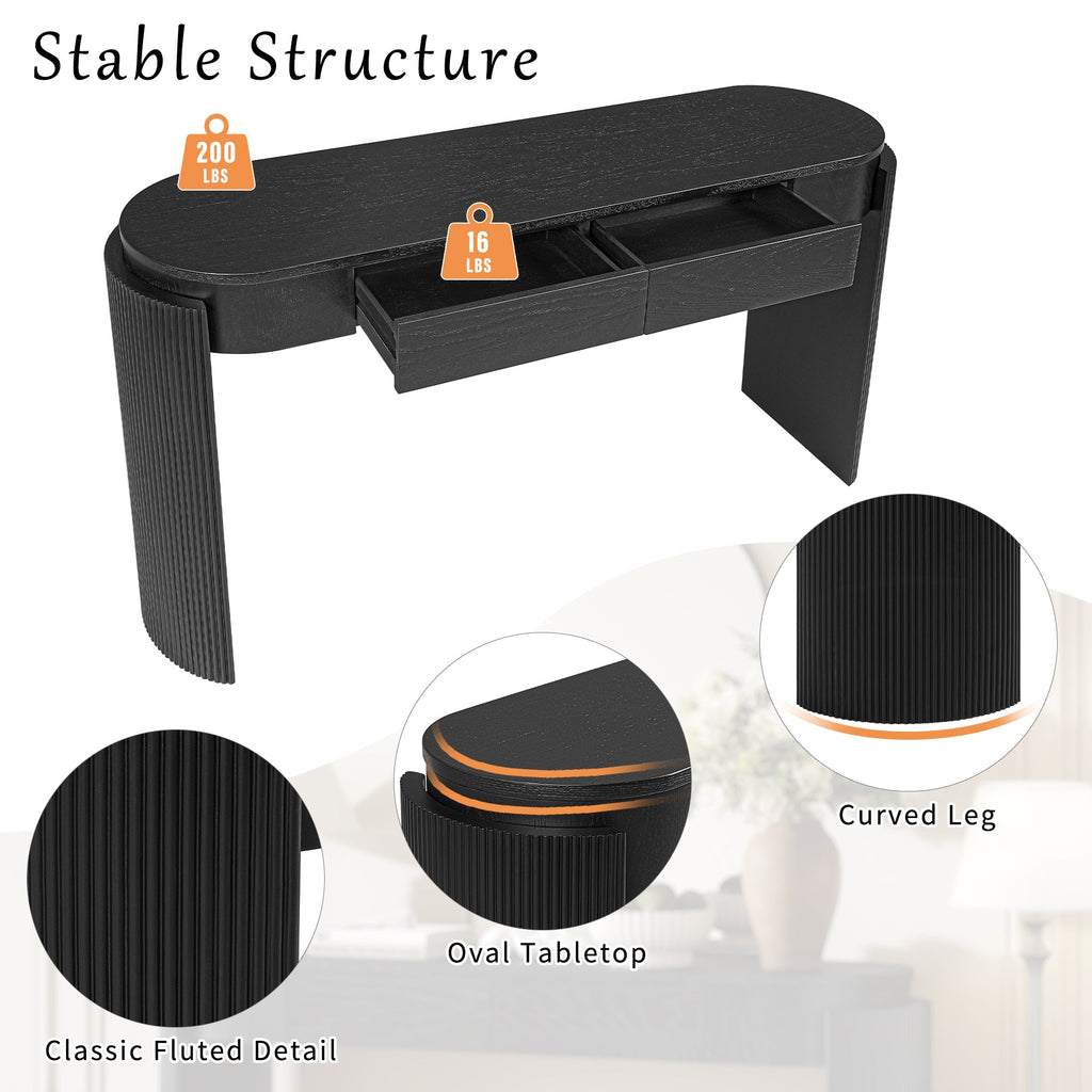 TREXM Entryway Table with Natural Wood Grain Finish, Console Table with Fluted Design, Oval Top and 2 Drawers for Entryway and Living Room (Black)