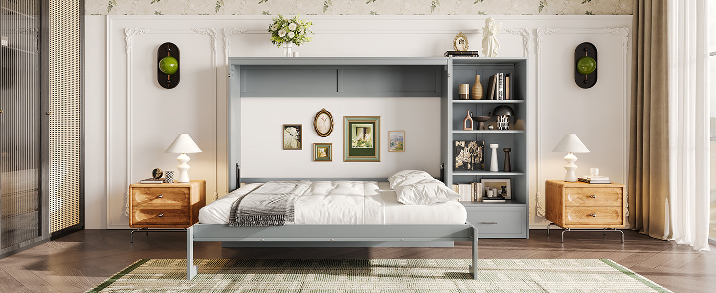 Queen Size Murphy Bed with Height Adjustable Storage Compartments and Shelf, Wall Bed Frame With 1 Drawer, Multifunctional Foldable Platform Bed for Small Space,Bedroom,Guest Room, Gray