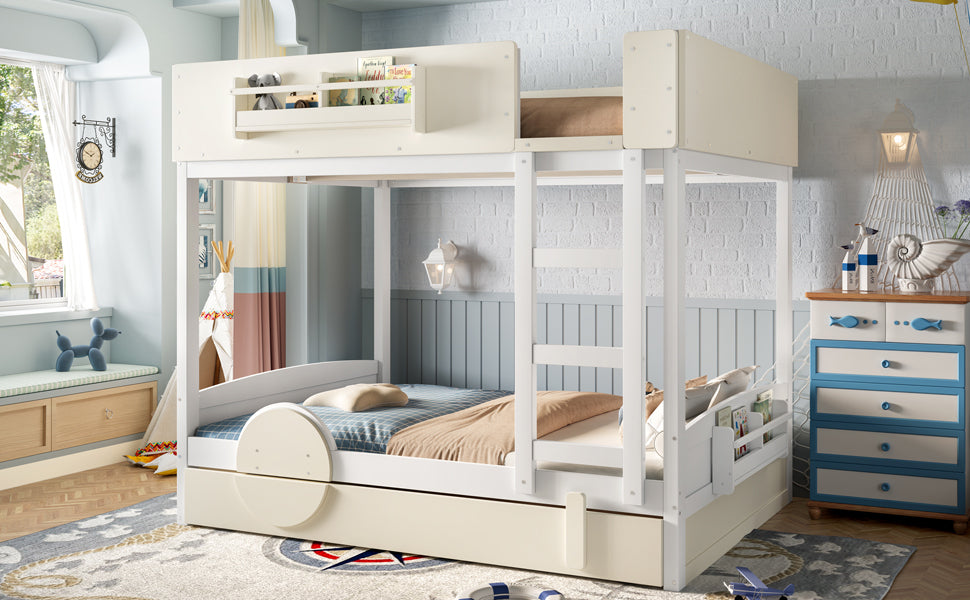 Full Bunk Bed with Trundle , Wood Bunk Bed Frame with Built-in Bookshelf and High-quality Safety Guardrail,Automobile Form Design for Kids ,White＆ Beige.