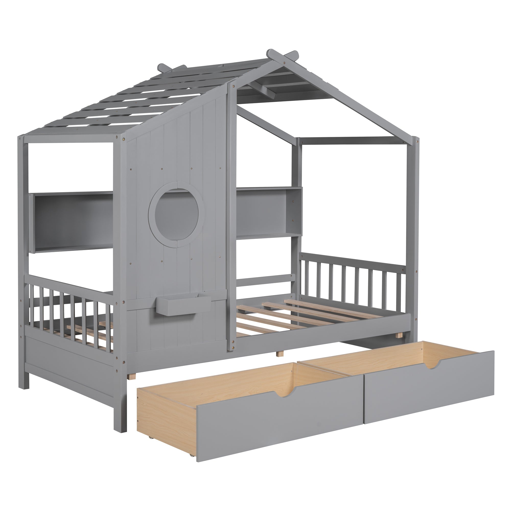 Wooden Twin Size House Bed with 2 Drawers,Kids Bed with Storage Shelf, Gray(Old SKU: HL000051AAE)