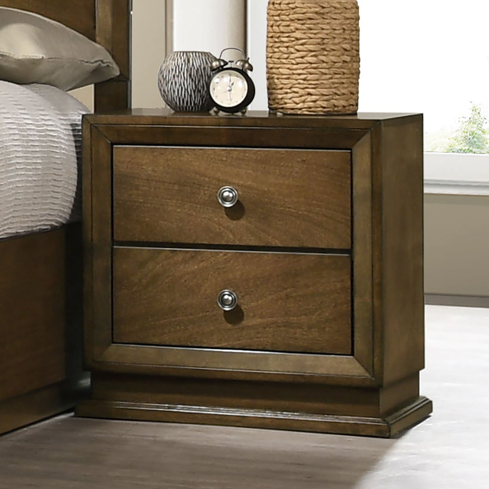 Walnut Color Transitional Style Twin Size Bed 2x Nightstands 3pc Set Bedroom Furniture Metal Knobs