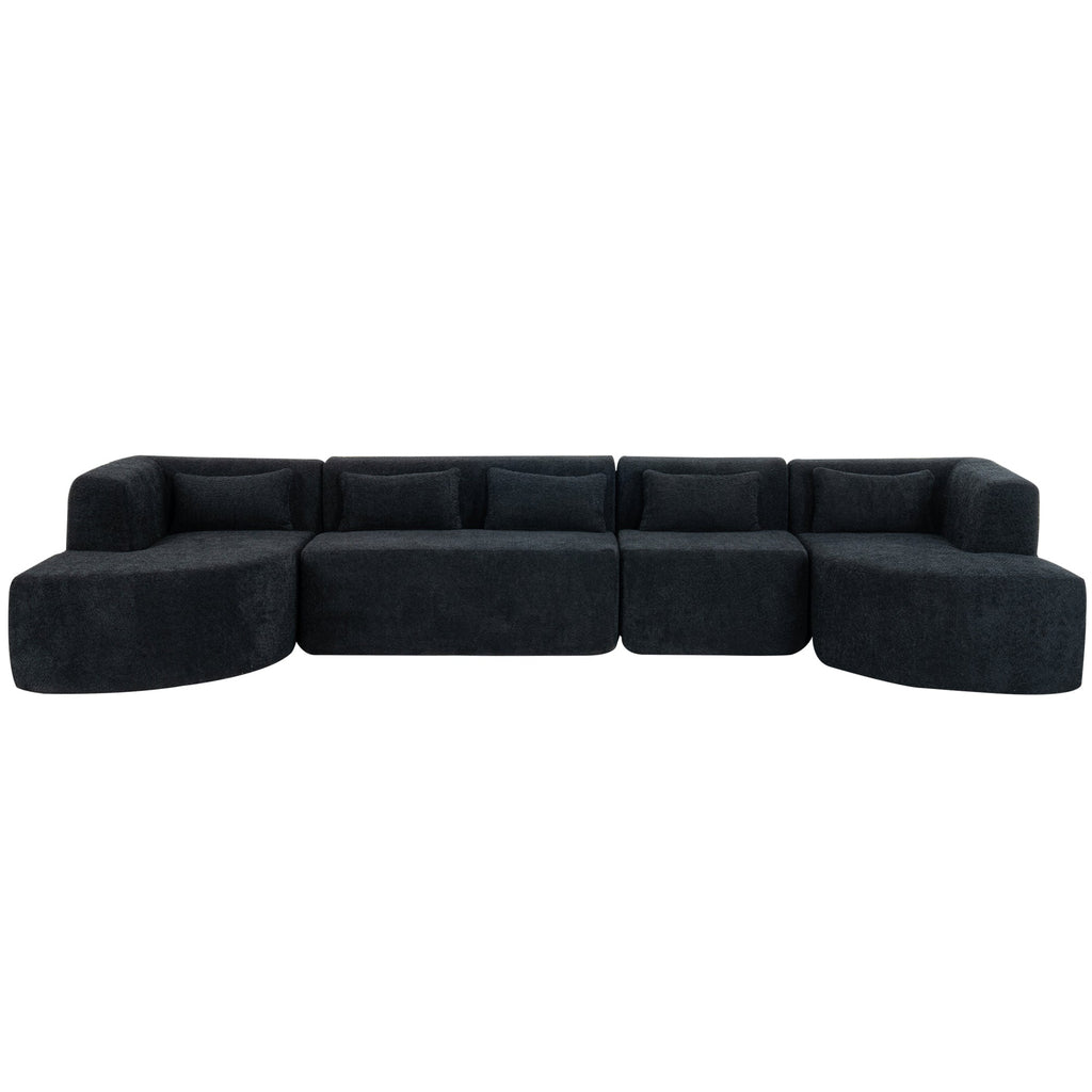 144' Upholstered Sofa Free-combined Sofa Couch with Two Chaise Lounge and Five Back Pillows for Living Room(Old SKU: N719S001600B), Black