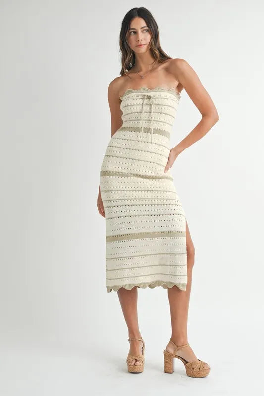MABLE Contrast Striped Crochet Knit Midi Dress