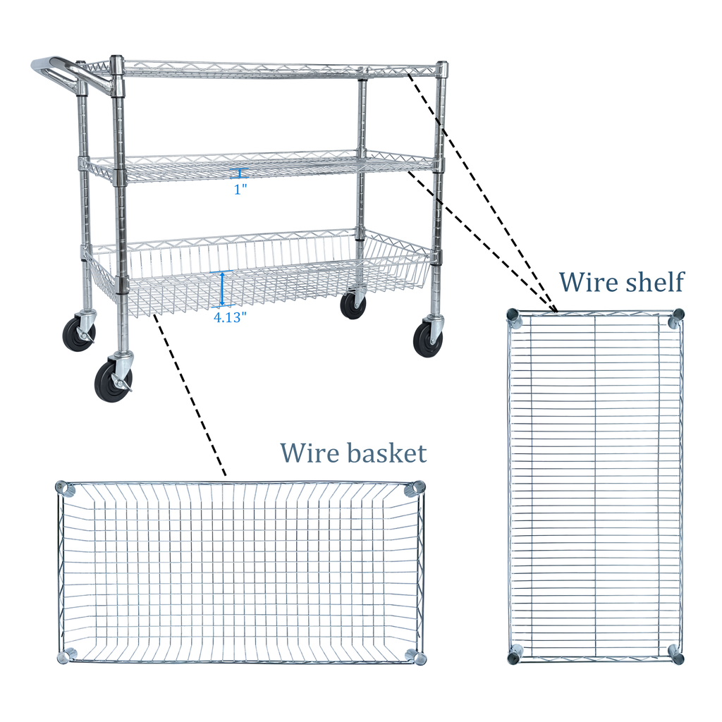 Heavy Duty Rolling Utility Cart,3 Tier Rolling Carts with Wheels,with Handle Bar & Shelf Liners,36'x18'x32'Storage Cart for Kitchen,Restaurant,Plant Display,Chrome