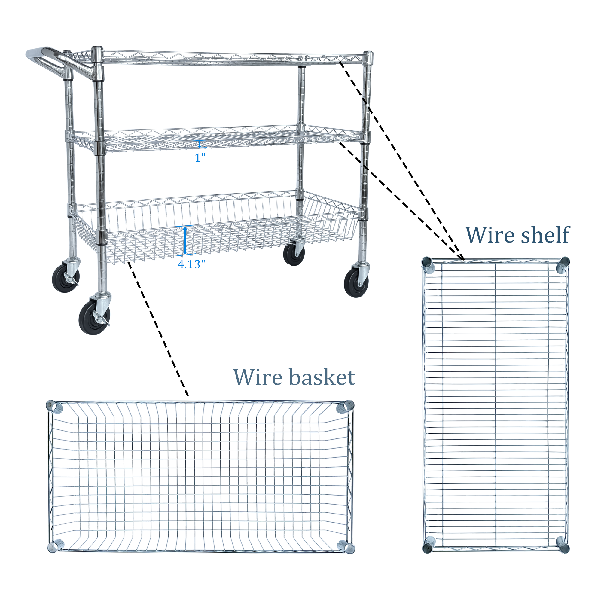 Heavy Duty Rolling Utility Cart,3 Tier Rolling Carts with Wheels,with Handle Bar & Shelf Liners,36'x18'x32'Storage Cart for Kitchen,Restaurant,Plant Display,Chrome