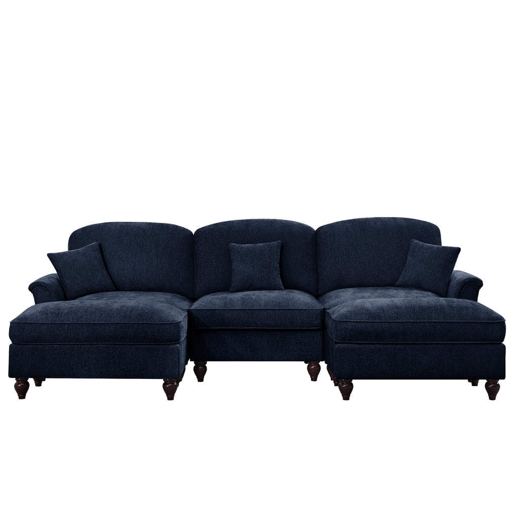 Classic Comfy Modular U Shape Sectional Sofa Couch with Flared Arms and Removable Ruffles Pleats Skirts and Spindle Legs, Upholstered Chenille Deep Seat Cloud Sofa with Movable Ottomans, Blue