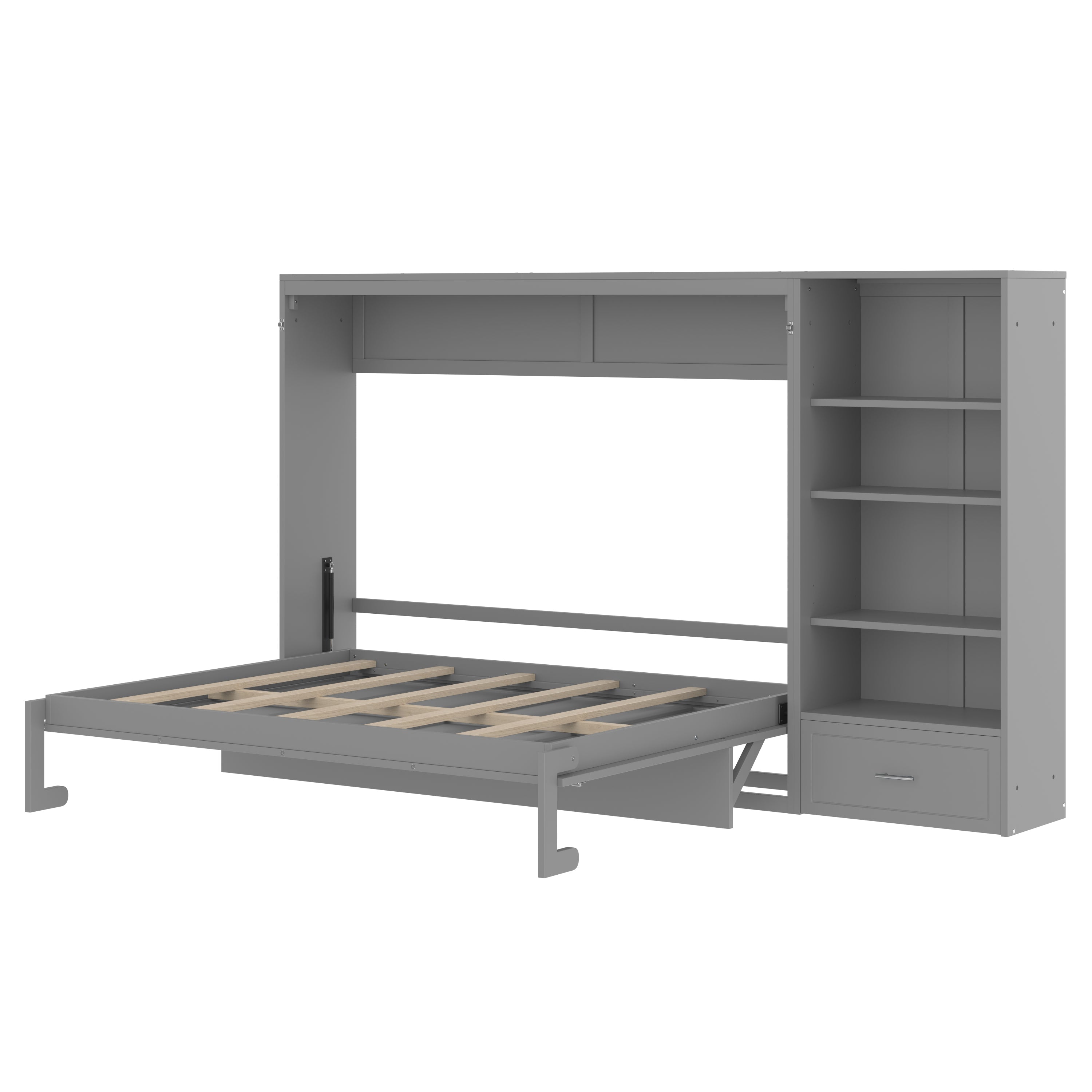 Queen Size Murphy Bed with Height Adjustable Storage Compartments and Shelf, Wall Bed Frame With 1 Drawer, Multifunctional Foldable Platform Bed for Small Space,Bedroom,Guest Room, Gray