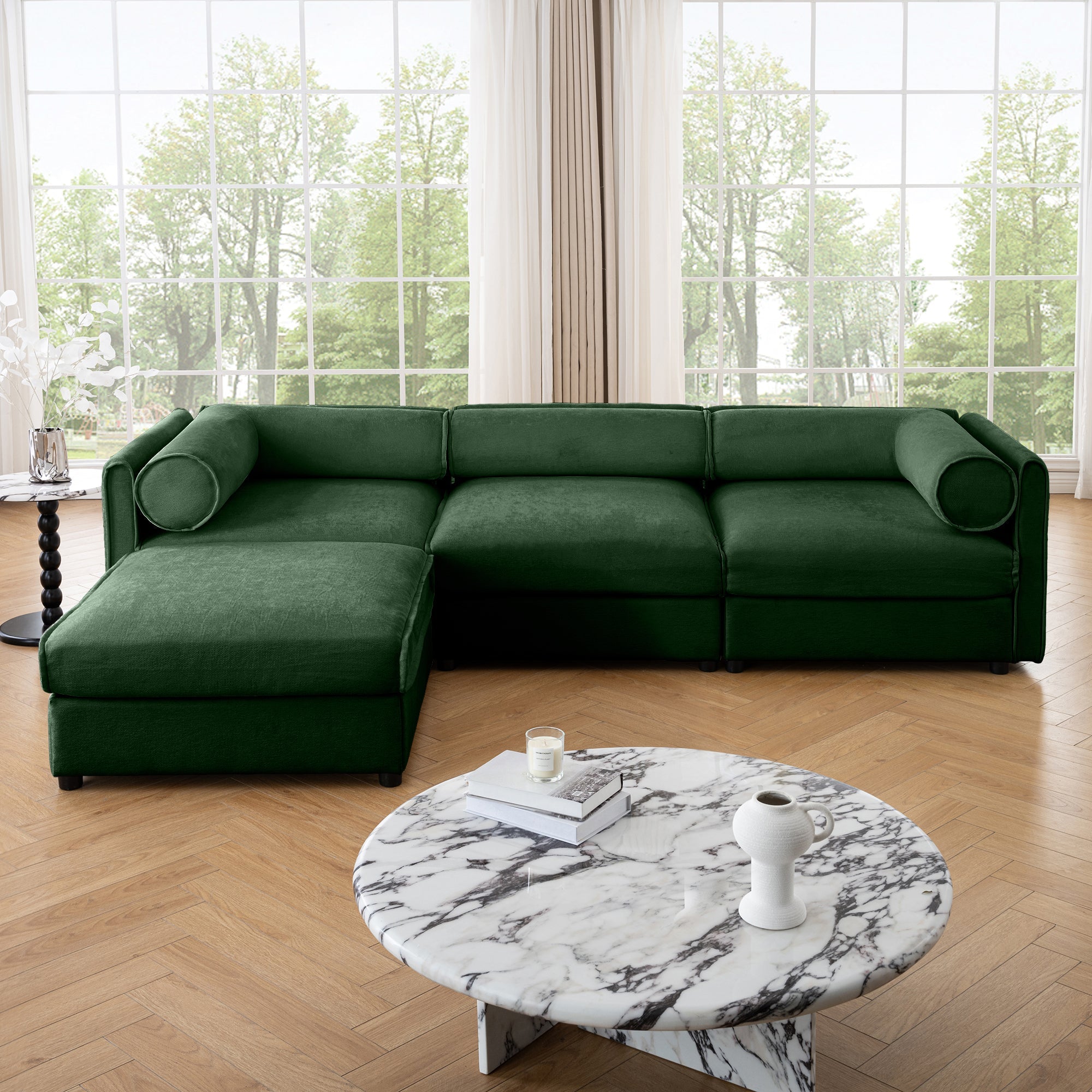Elegant Green Chenille  Sofa with Storage Seat and Ottoman, L-Shaped 3-Seater Cylindrical Backrest and Armrests, Contemporary 3-Seater Fabric Couch with Hidden Storage Compartment