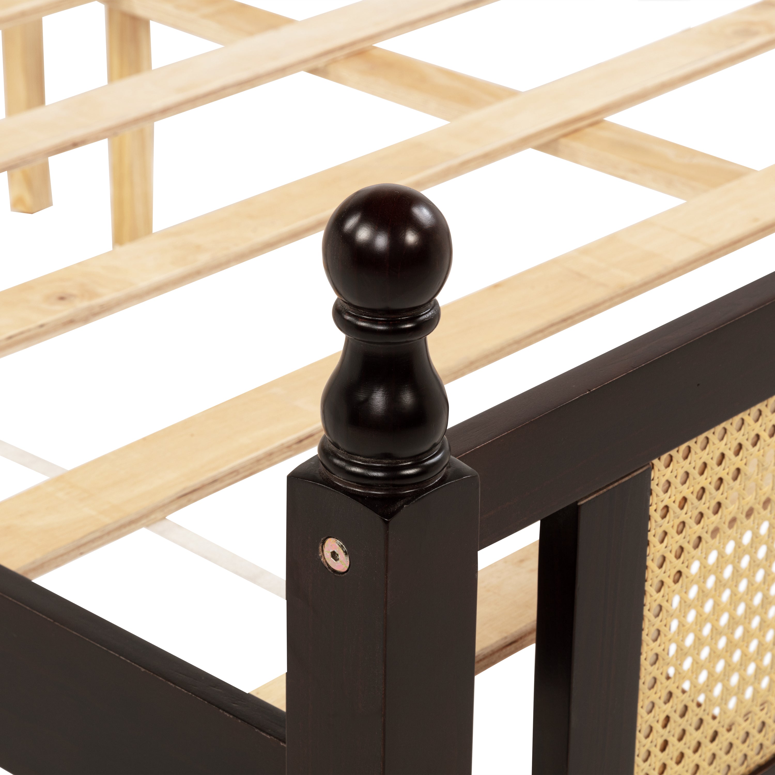 Queen Pine wooden Bed with Rattan Headboard  and Footboard, with  Central Enhanced Bed Platform ,Espresso