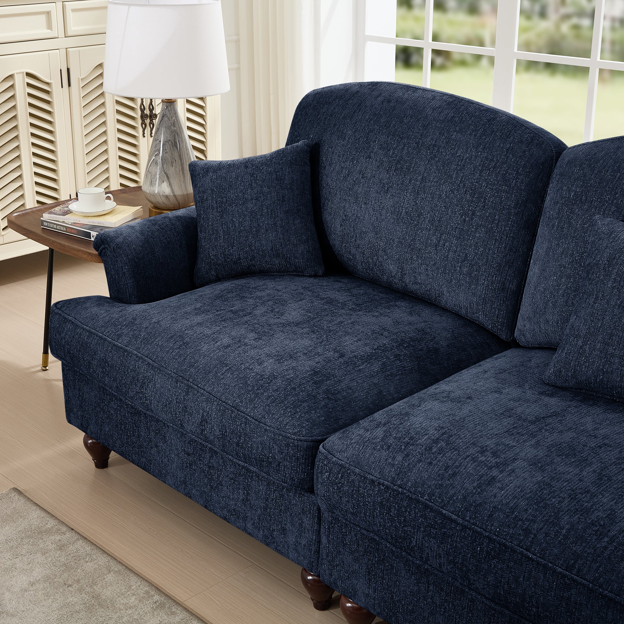 Classic Comfy Modular U Shape Sectional Sofa Couch with Flared Arms and Removable Ruffles Pleats Skirts and Spindle Legs, Upholstered Chenille Deep Seat Cloud Sofa with Movable Ottomans, Blue