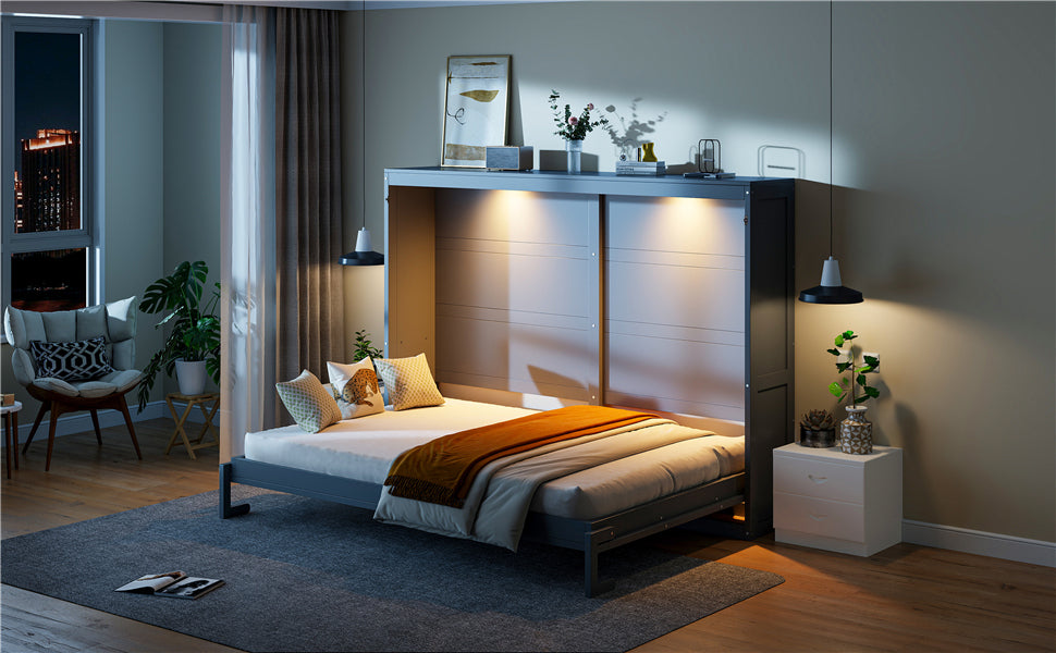 Queen Size Murphy Bed Wall Bed Modern design with LED Lights,Gray(OLD SKU:LP100973AAE)