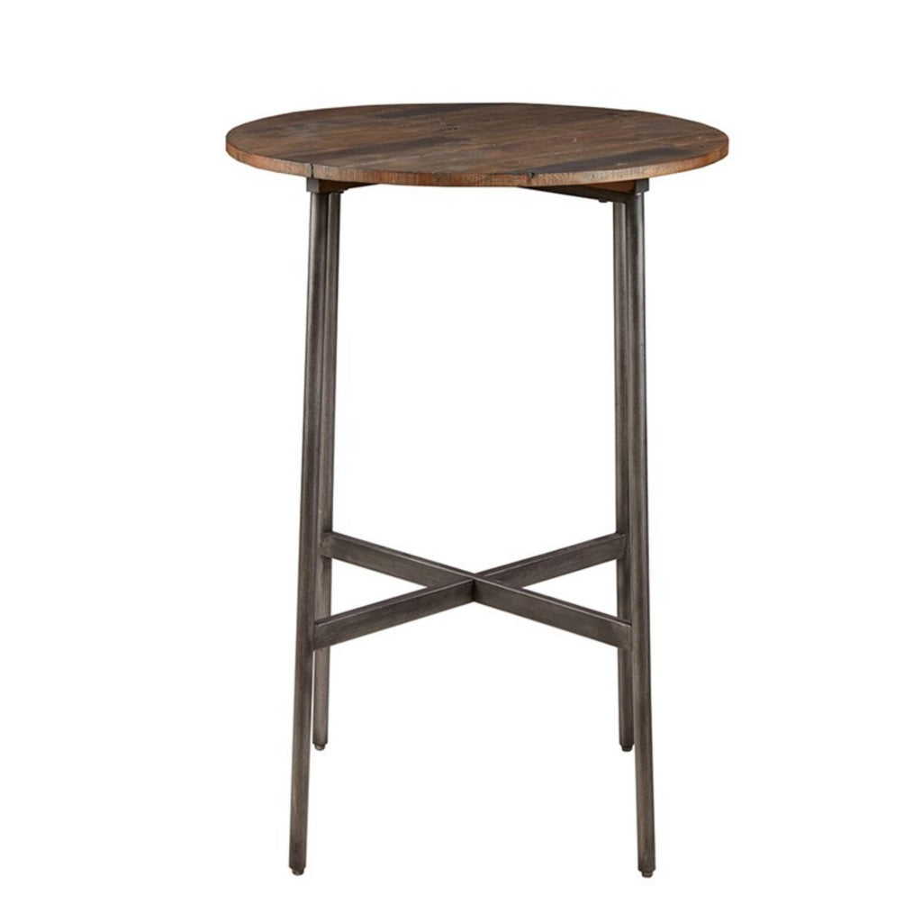 Renu Round Bar Table with Industrial Charm in Light Brown Pine Wood and Gun Metal Finish