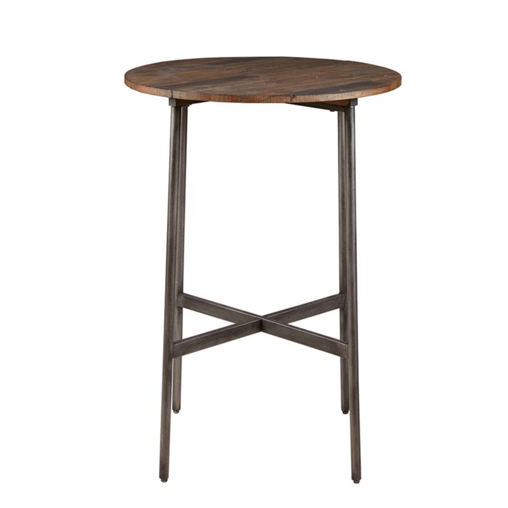 Renu Round Bar Table with Industrial Charm in Light Brown Pine Wood and Gun Metal Finish