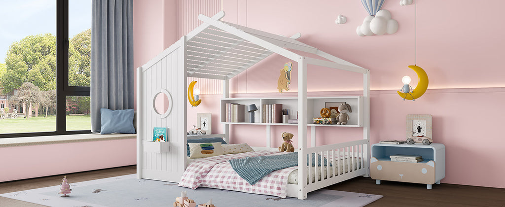 Full Size Floor House Bed for Toddler, Kids Montessori Bed  with Storage Shelf, Playhouse Bed with Roof Design, White