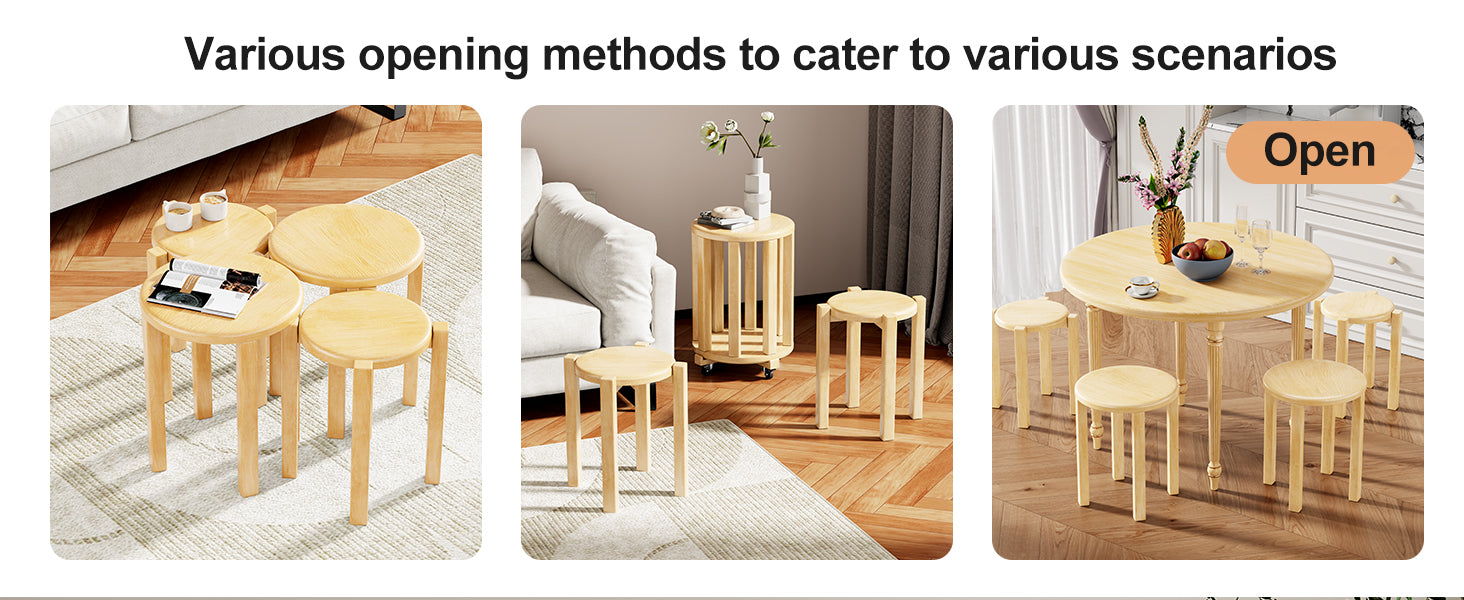 100% solid wood stackable stools set of 4, wooden stools, 18-inch stools, stacking stools, nesting tables, sturdy and durable, no installation required, top stackable round side table