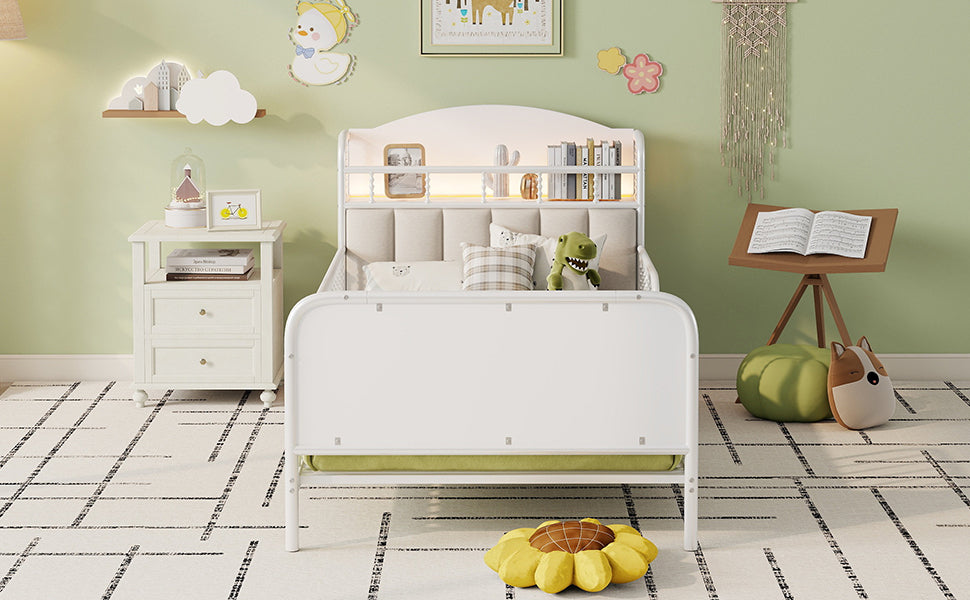 Twin Size Metal Platform Bed Frame with Light, Kids Twin Metal Bed with Upholstered and Storage Headboard, White (Expect Arrival Date 2025/10/5)