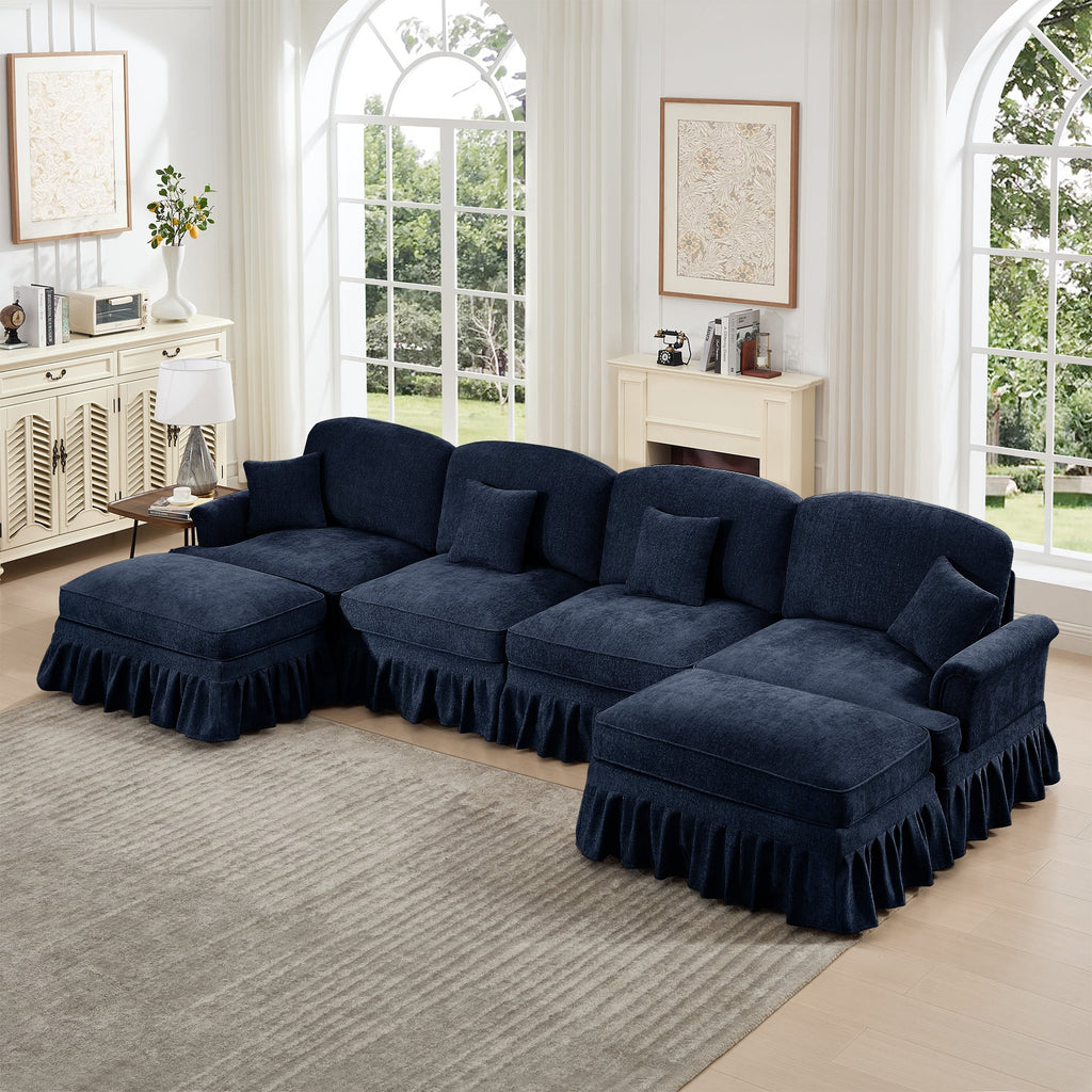 Classic U Shape 4 Seater Modular Sectional Sofa Couch with Flared Arms and Removable Ruffles Pleats Skirts and Spindle Legs, Chenille Deep Seat Cloud Sofa with Movable Ottomans, Blue