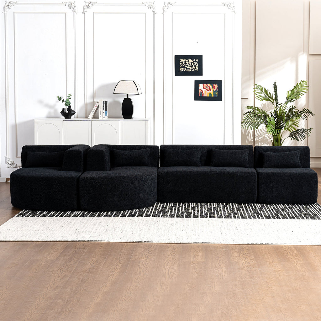 144' Upholstered Sofa Free-combined Sofa Couch with Two Chaise Lounge and Five Back Pillows for Living Room(Old SKU: N719S001600B), Black