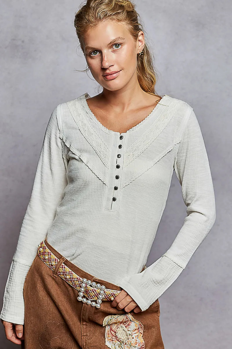 POL Ribbed Half Button Lace Detail Knit Top