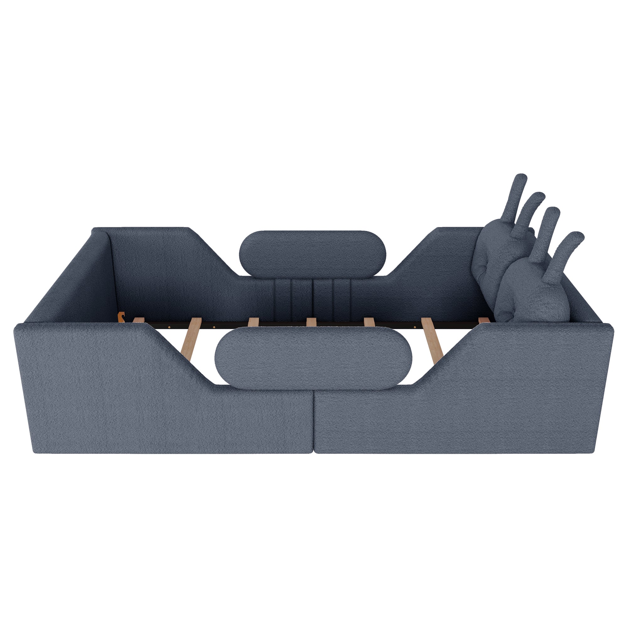 Twin Size Upholstered Platform Bed with Rabbit Cushion, Kids Floor Upholstered Bed with Removable Side Rails, Gray(Expect Arrival Date 2025/1/15)