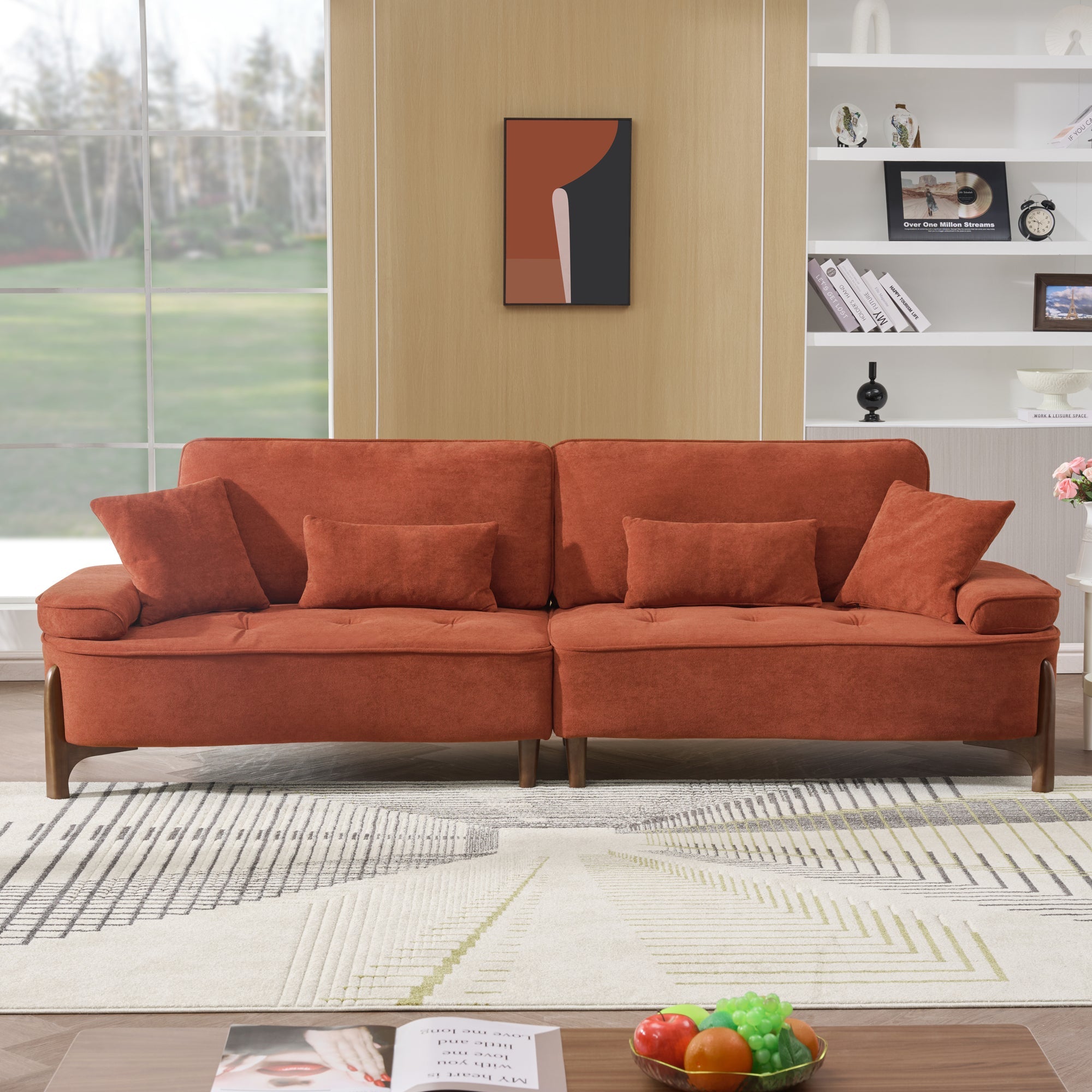 Comfortable Deep Seated Sofa with Pillows for Bedroom, Living Room, Office in Brick Red Velvet