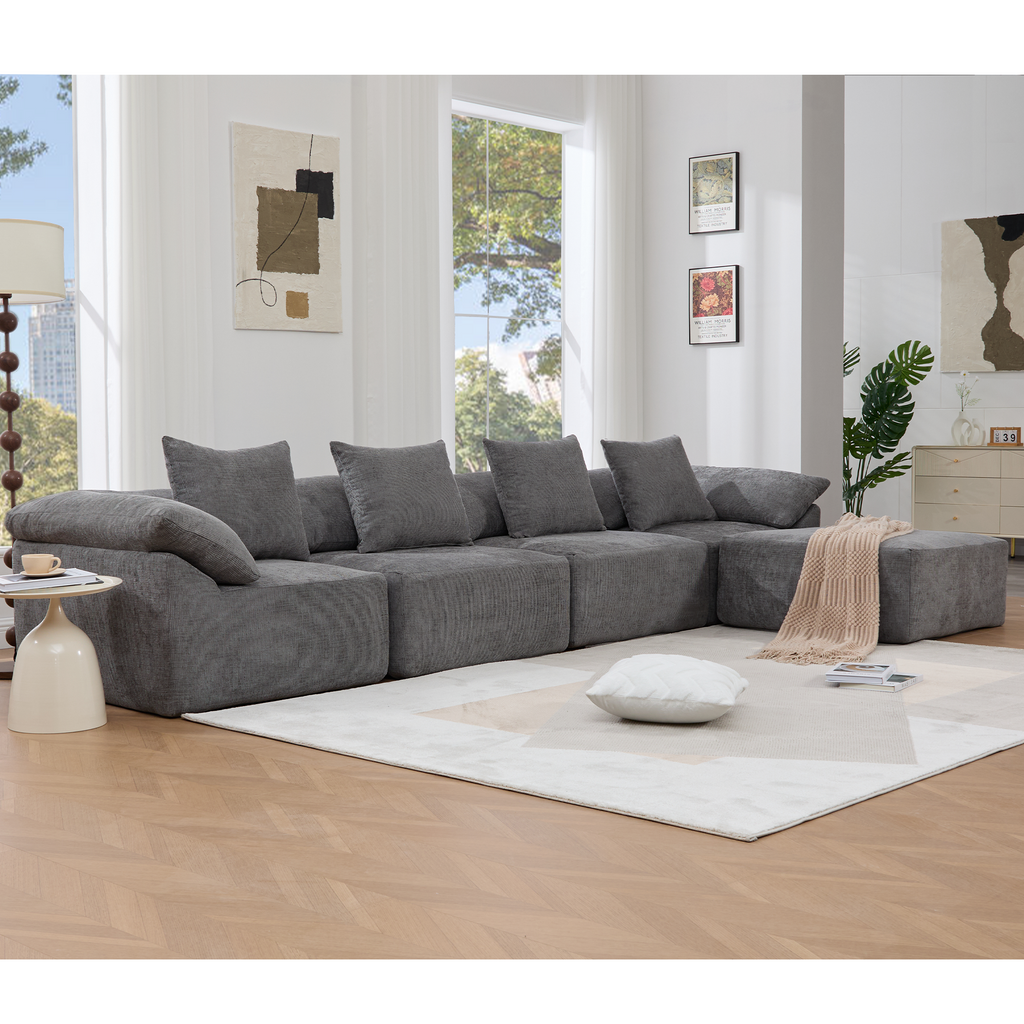 142' L Shaped Modular Sectional Sofa,No Assembly,5 Piece Couch, Convertible Sleeper Couch,Full-Compressed Couch,Free-Combined Couches,5 Seat & Ottoman,Chenille,Gray