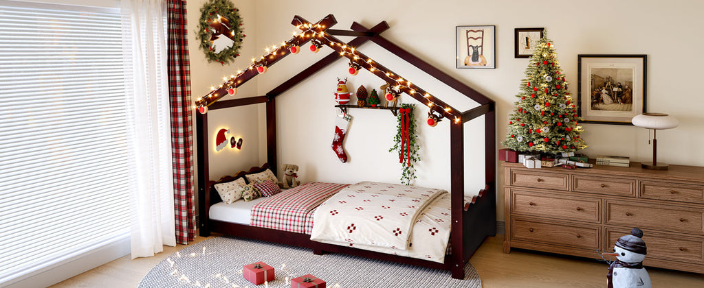 Twin House Floor Bed with Support Slats, Solid Wood House Bed Frame for Kids, No Box Spring Needed and Opening Constructure, Espresso