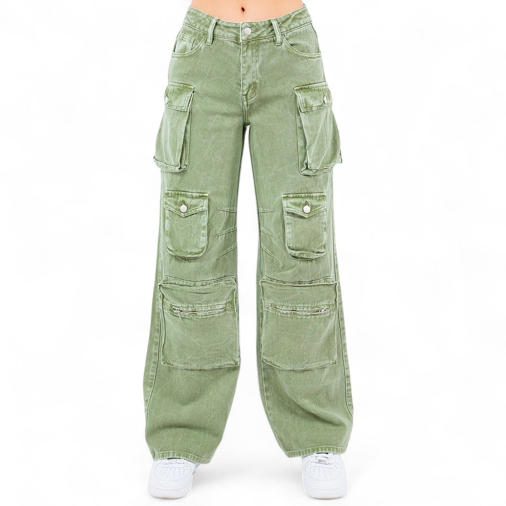 Multi Pockets Denim Wide Leg Cargo Pants-RJH30564