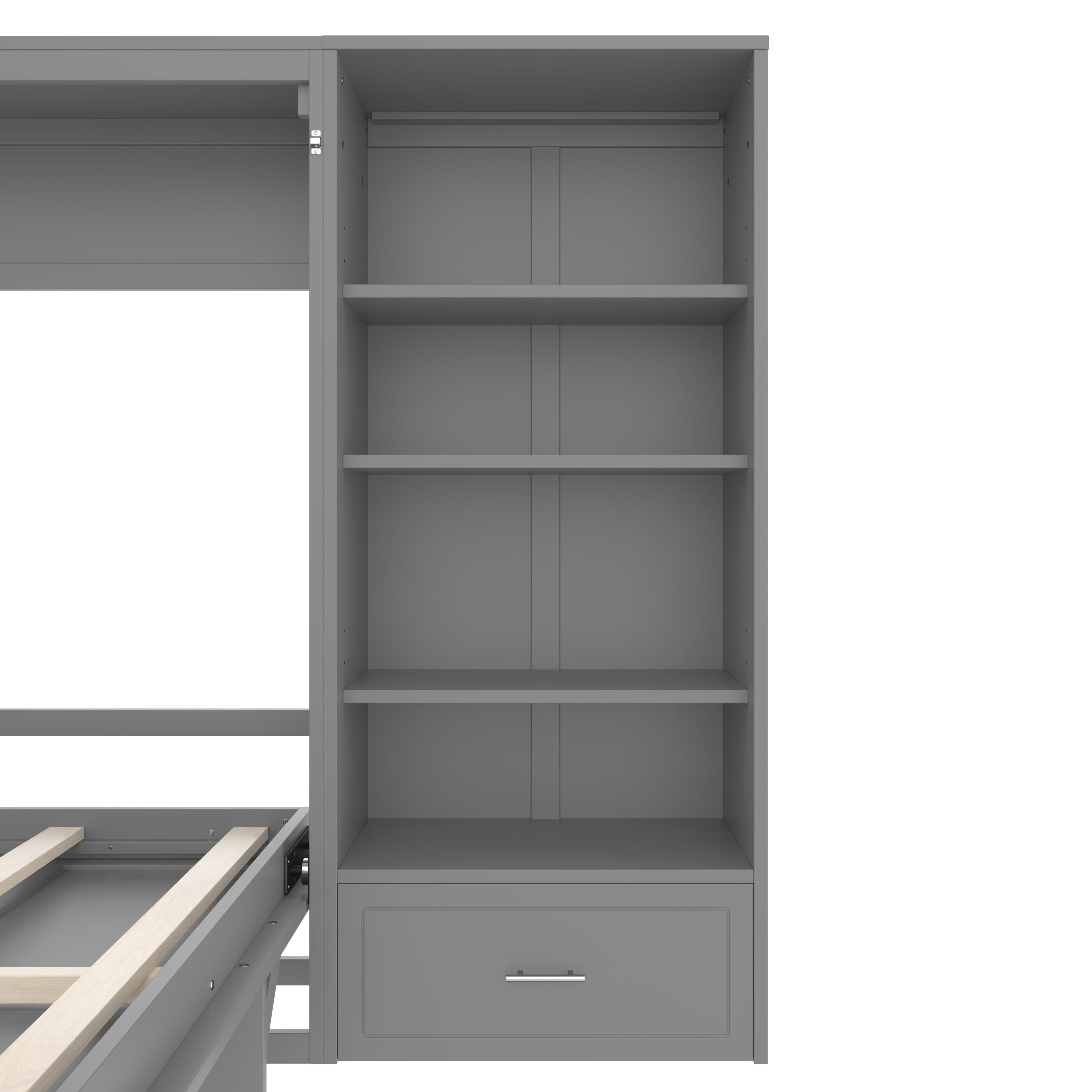 Queen Size Murphy Bed with Height Adjustable Storage Compartments and Shelf, Wall Bed Frame With 1 Drawer, Multifunctional Foldable Platform Bed for Small Space,Bedroom,Guest Room, Gray