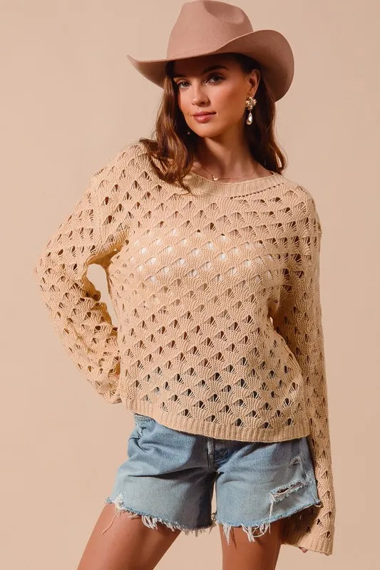 SO ME Geometric Pattern Open Knit Lightweight Sweater