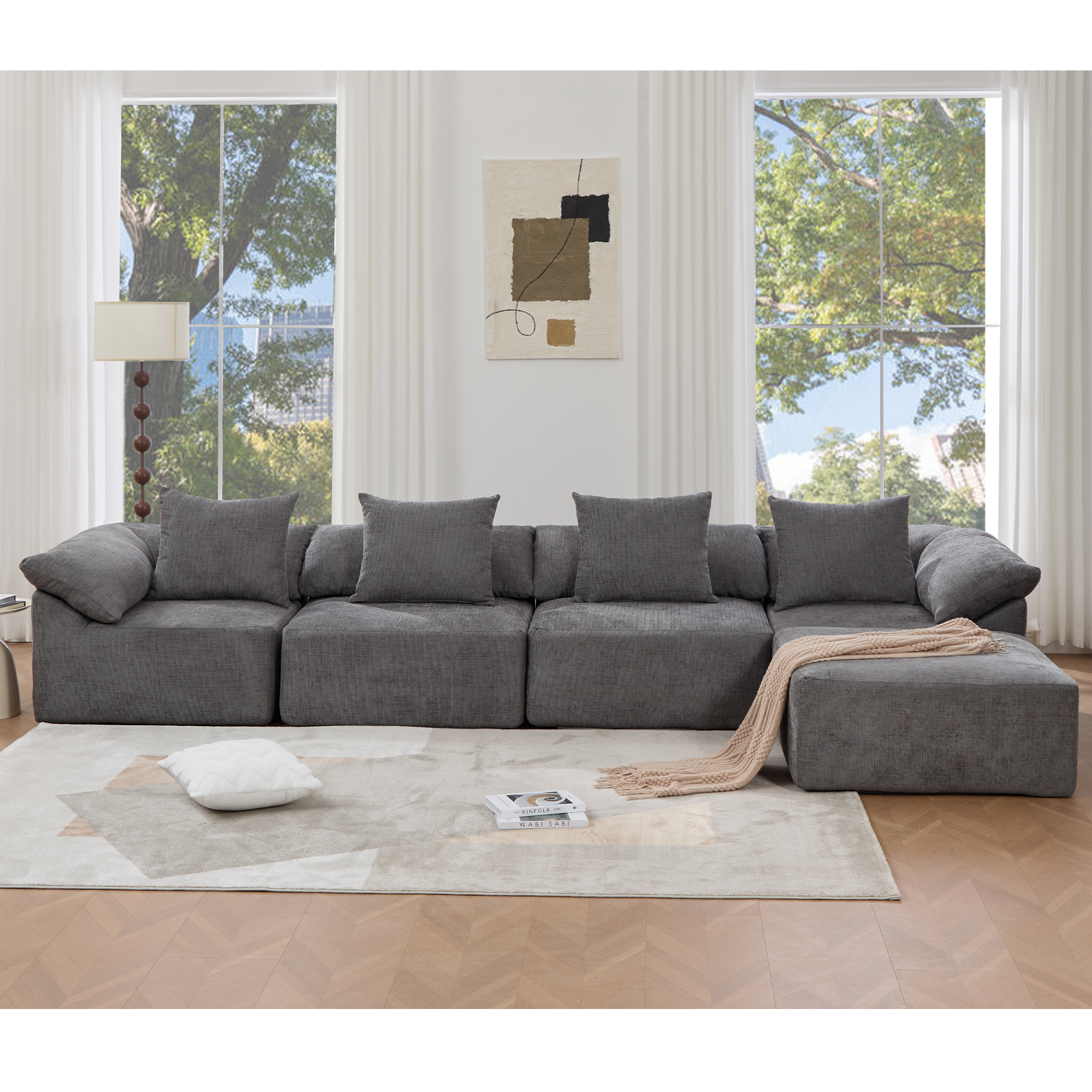142' L Shaped Modular Sectional Sofa,No Assembly,5 Piece Couch, Convertible Sleeper Couch,Full-Compressed Couch,Free-Combined Couches,5 Seat & Ottoman,Chenille,Gray