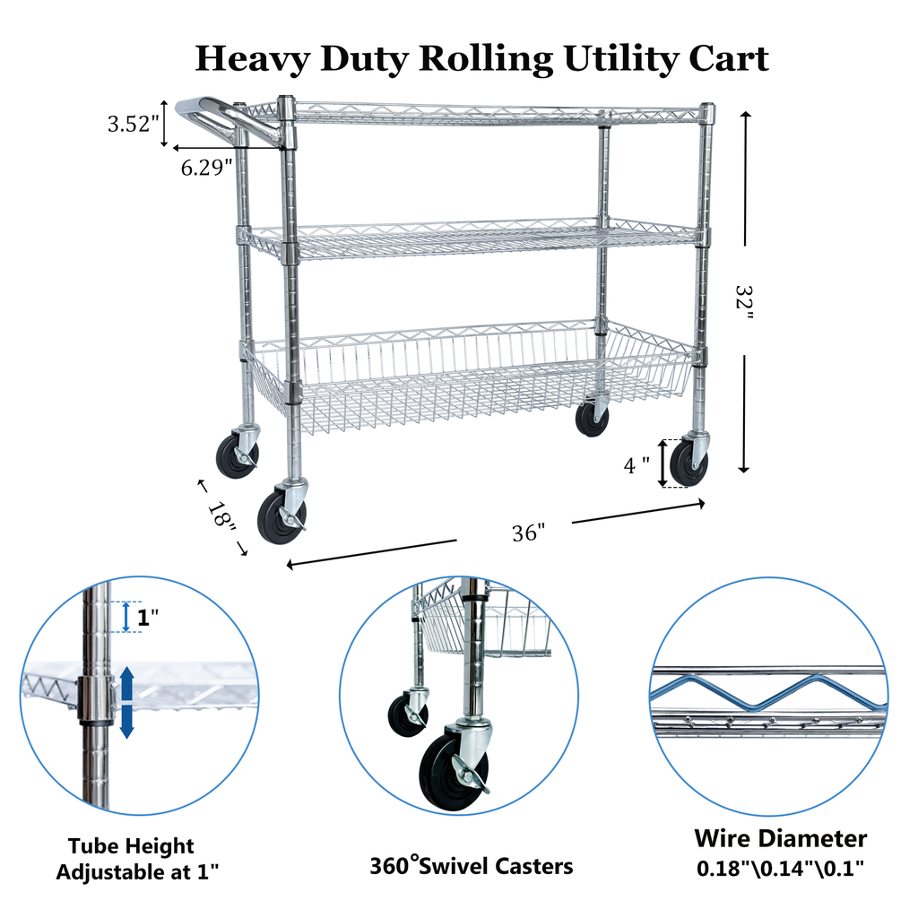 Heavy Duty Rolling Utility Cart,3 Tier Rolling Carts with Wheels,with Handle Bar & Shelf Liners,36'x18'x32'Storage Cart for Kitchen,Restaurant,Plant Display,Chrome