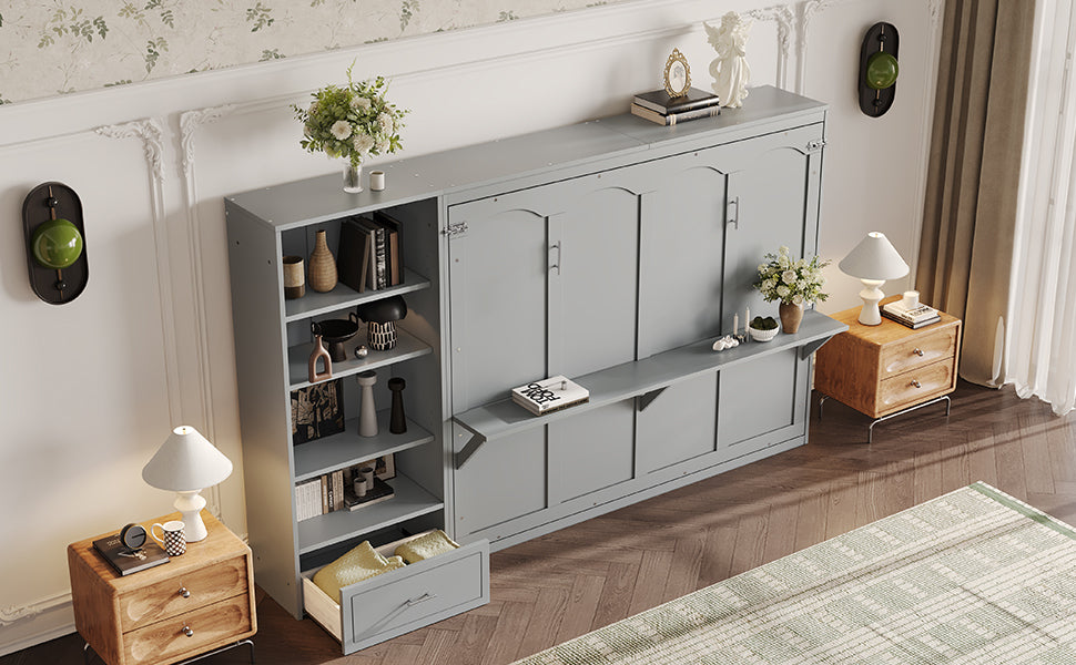 Queen Size Murphy Bed with Height Adjustable Storage Compartments and Shelf, Wall Bed Frame With 1 Drawer, Multifunctional Foldable Platform Bed for Small Space,Bedroom,Guest Room, Gray