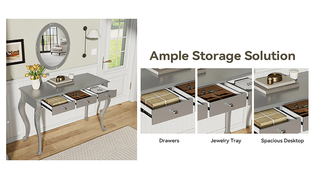 Luxury Makeup Vanity Desk with Oval Mirror, 3-Drawer Dressing Table for Jewelry Storage, Elegant Console Table for Entryway, Living Room & Bedroom, Stylish Home Decor,Silver