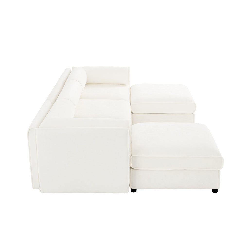 Elegant White Chenille  Sofa with Storage Seat and Ottoman, U-Shaped 3-Seater Cylindrical Backrest and Armrests, Contemporary 3-Seater Fabric Couch with Hidden Storage Compartment
