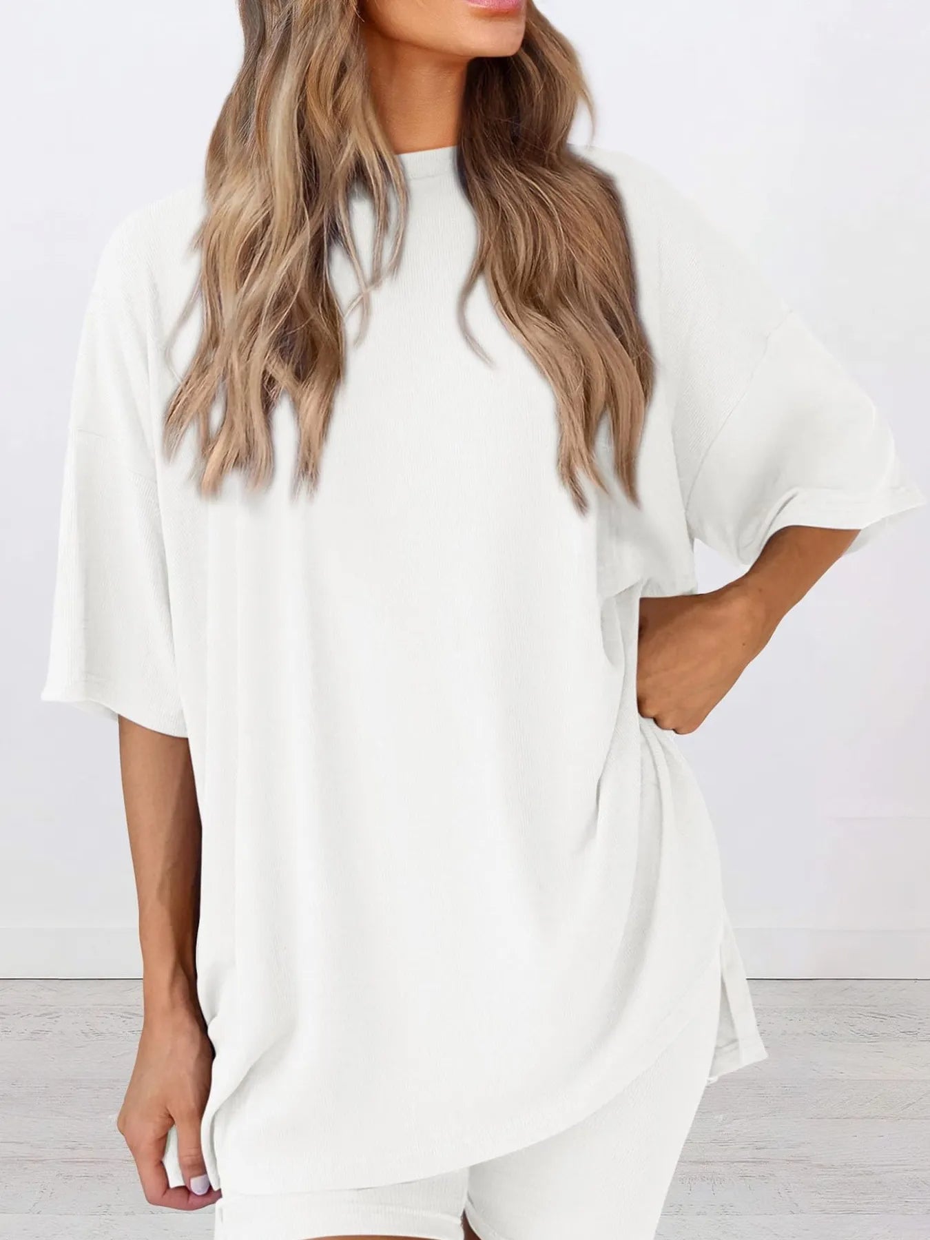 Oversized Slit Round Neck Top and Shorts Lounge Set Plus Size