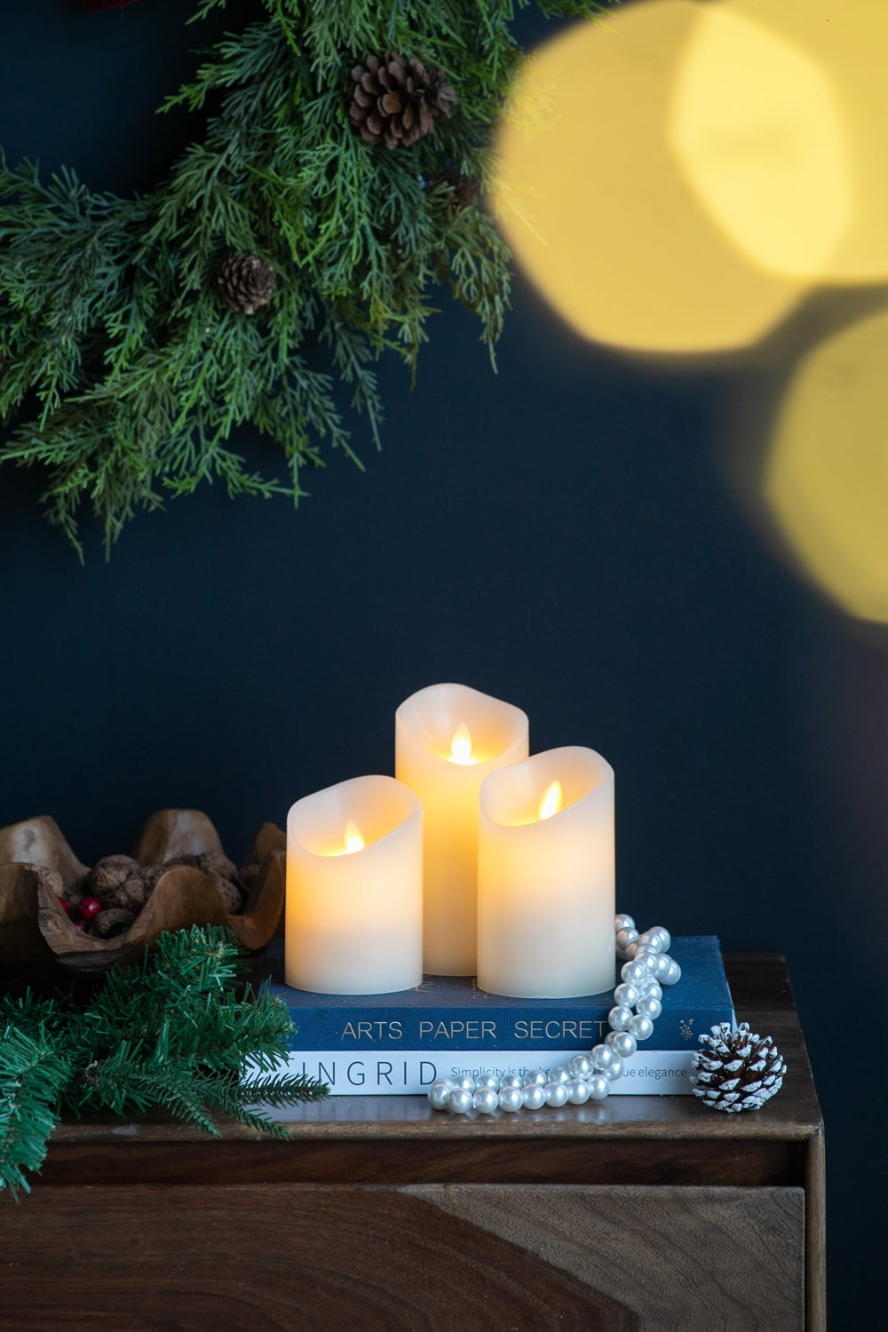 Set of 3 Flickering Ivory LED Candles with Remote Timer, L:D3X6' M:D3X5' S:D3X4'