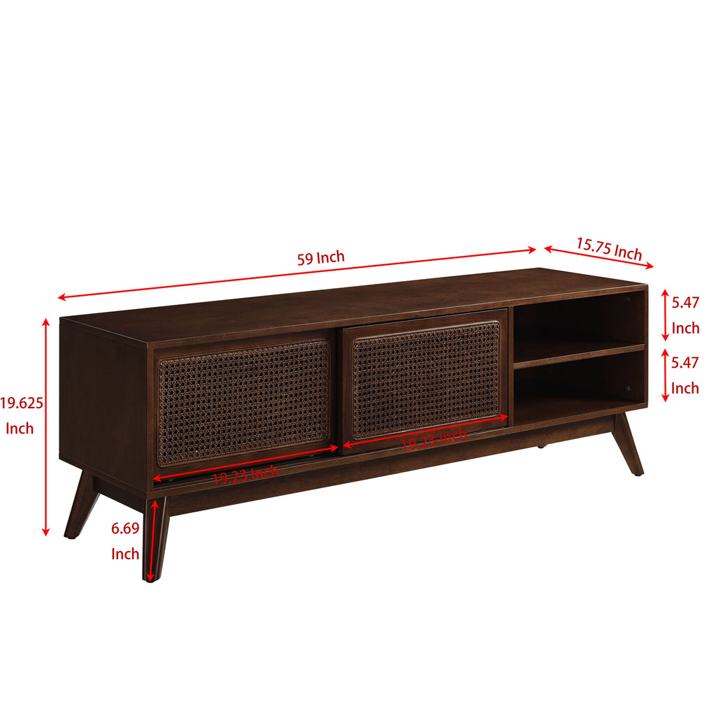 59 Inch Mid Century Modern Rattan TV Stand for 65 Inch TV, Entertainment Cabinet, Media Console for Living Room Bedroom Media Room, Solid Wood Feet & Rattan Cabinet Doors - Dark Wood