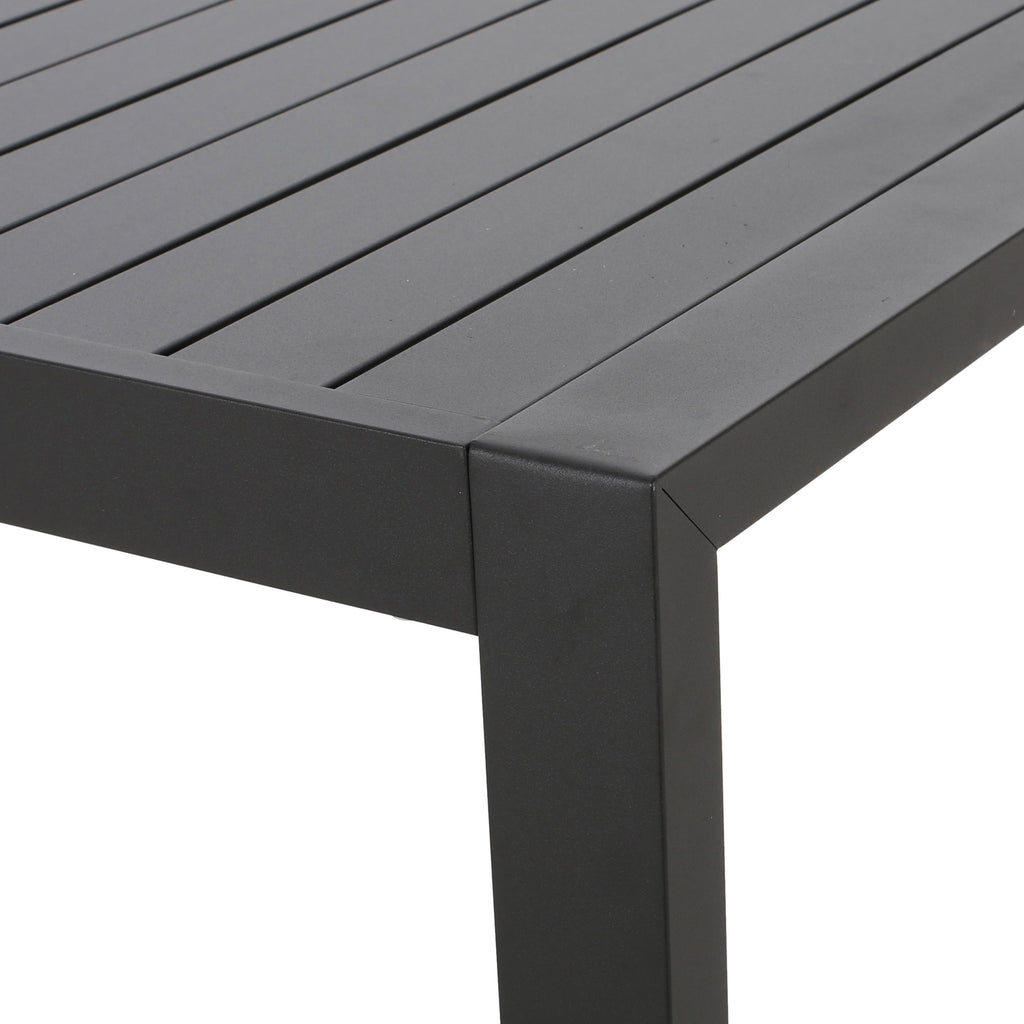 Modern Outdoor Dining Table with Black Aluminum Frame, Slatted Top, and U-Shaped Legs – 70' x 35'