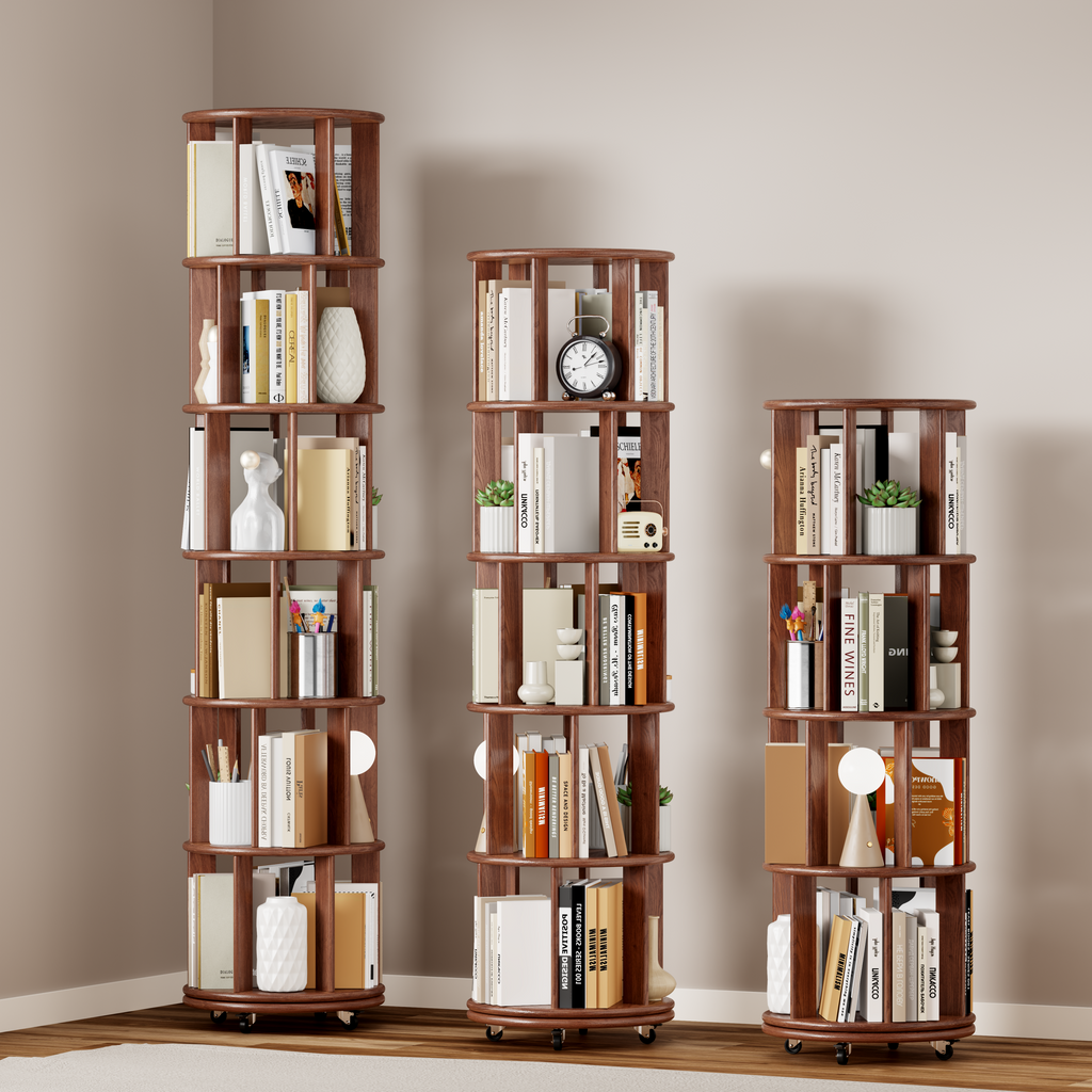 100%Solid Wood Rotating Bookshelf on Wheels,5 Tier, Round Revolving Bookcase, 360° Spinning Book Shelf Tower for Kids, Narrow Rolling Bookshelves for Small Space, Corner, Bedroom, Office, Walnut