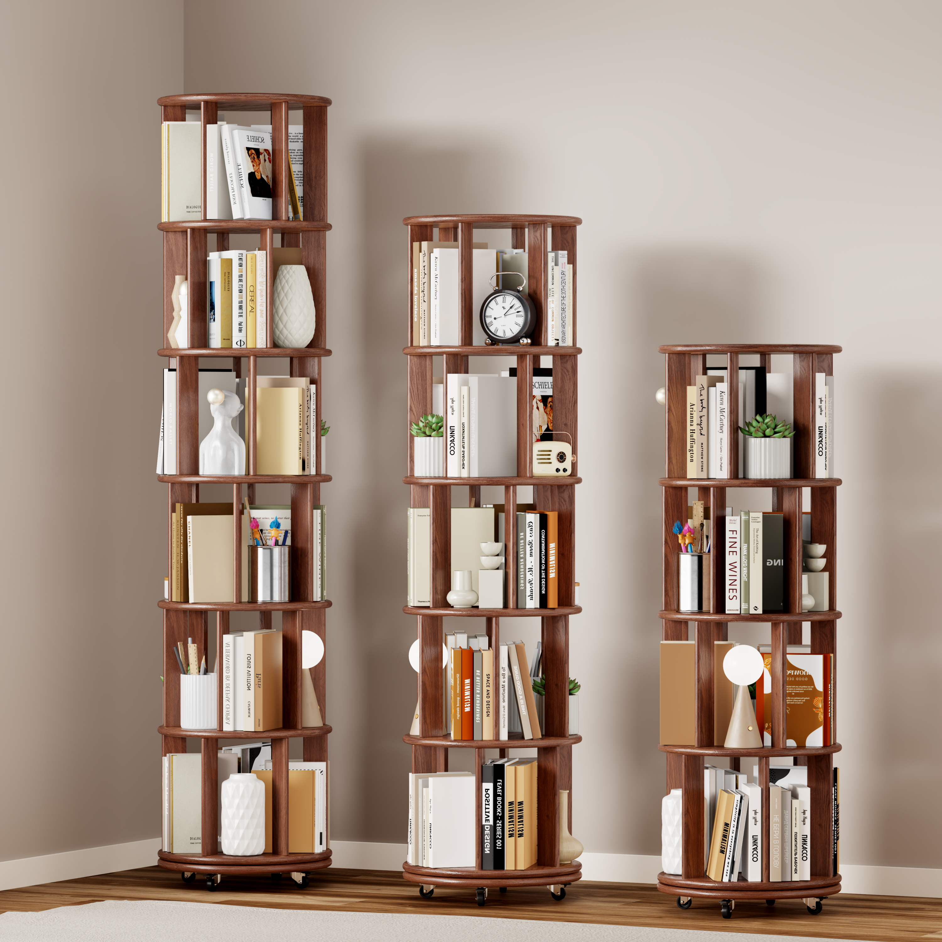100%Solid Wood Rotating Bookshelf on Wheels,5 Tier, Round Revolving Bookcase, 360° Spinning Book Shelf Tower for Kids, Narrow Rolling Bookshelves for Small Space, Corner, Bedroom, Office, Walnut