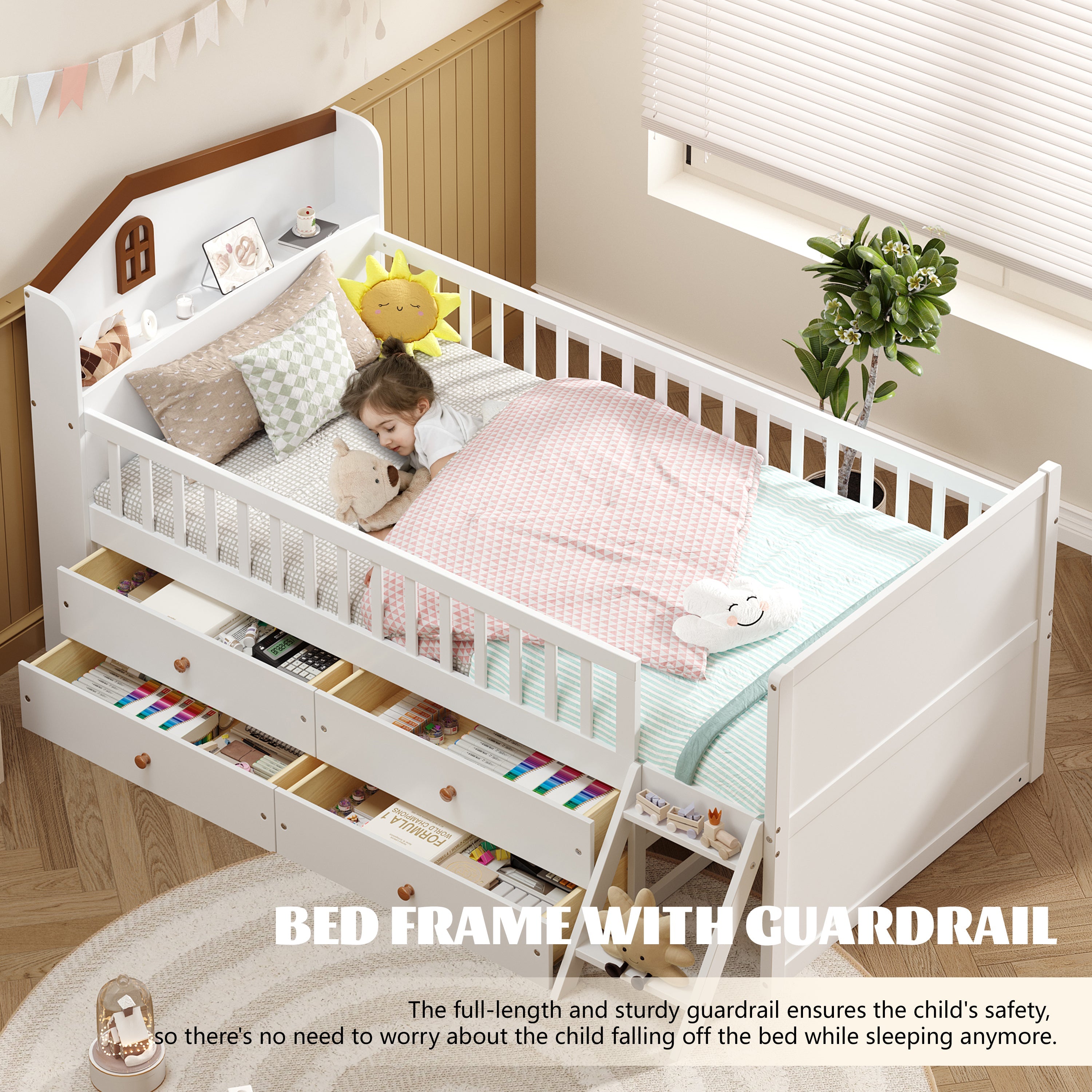 Twin Bed Frame with Storage 4 Drawers,Wooden Bed Frame for Kids,Platform Twin Size Bed with Guardrail Headboard and Ladder, No Box Spring Needed, Easy Assembly, White