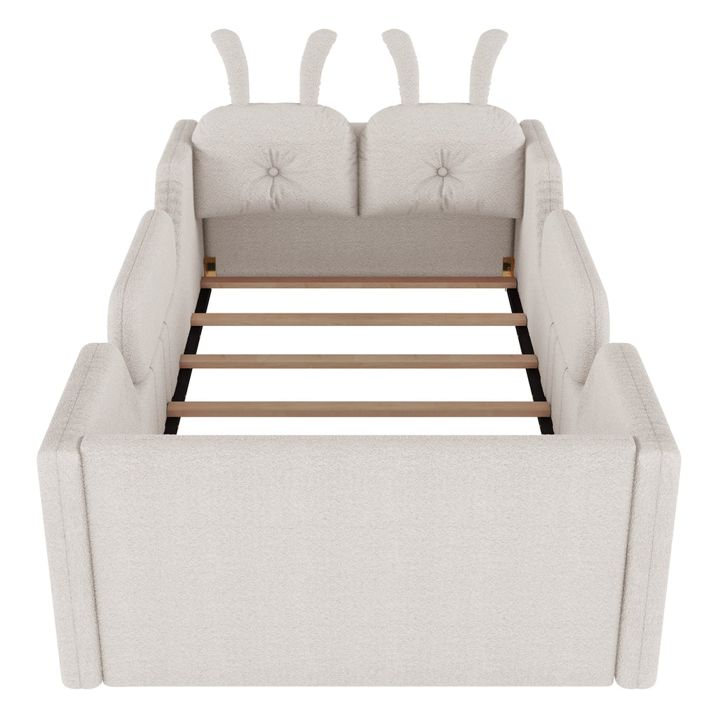Twin Size Upholstered Platform Bed with Rabbit Cushion, Kids Floor Upholstered Bed with Removable Side Rails, White(Expect Arrival Date 2025/1/15)